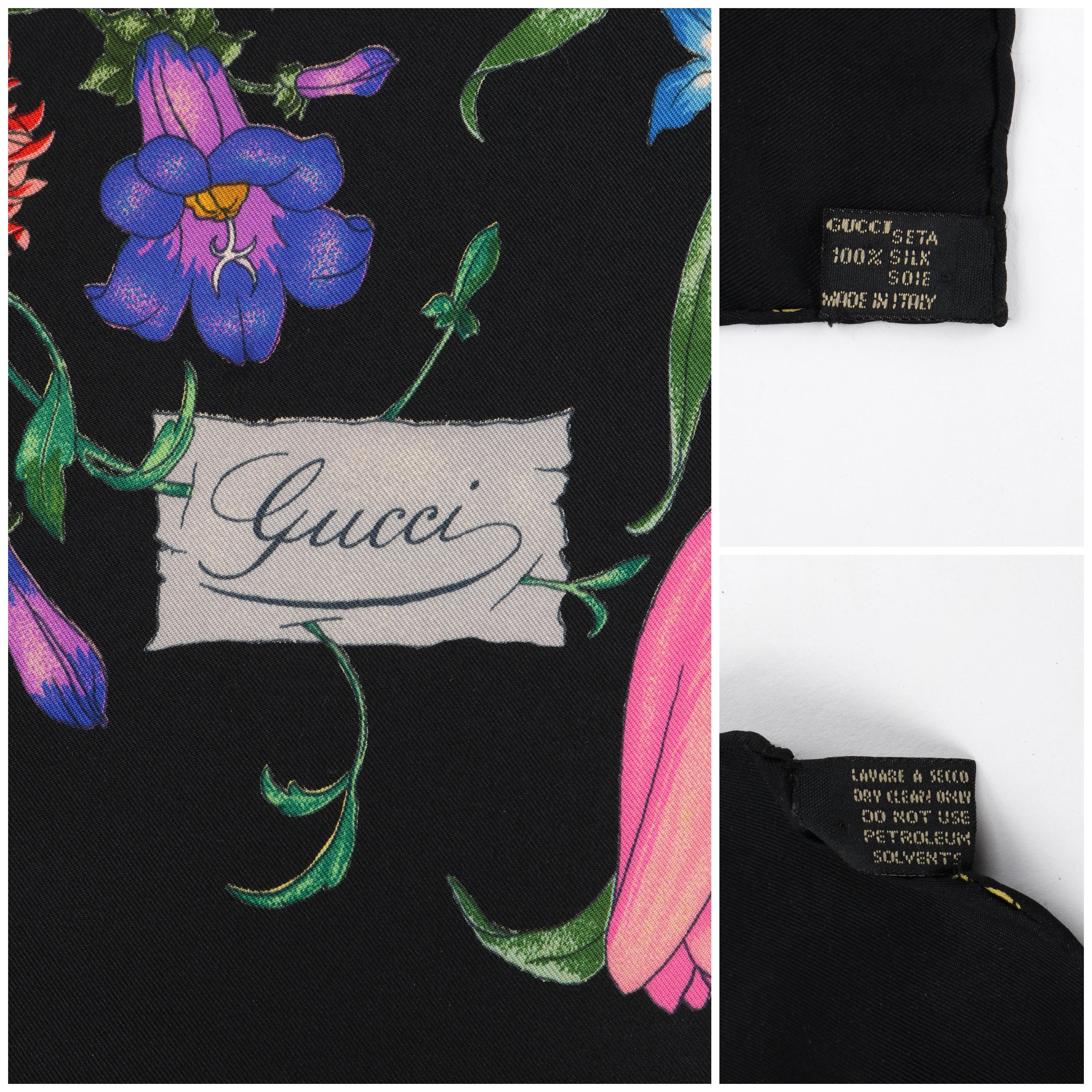GUCCI c.1970’s Vittorio Accornero “Flora” Black Multicolor Floral Silk Scarf 2
