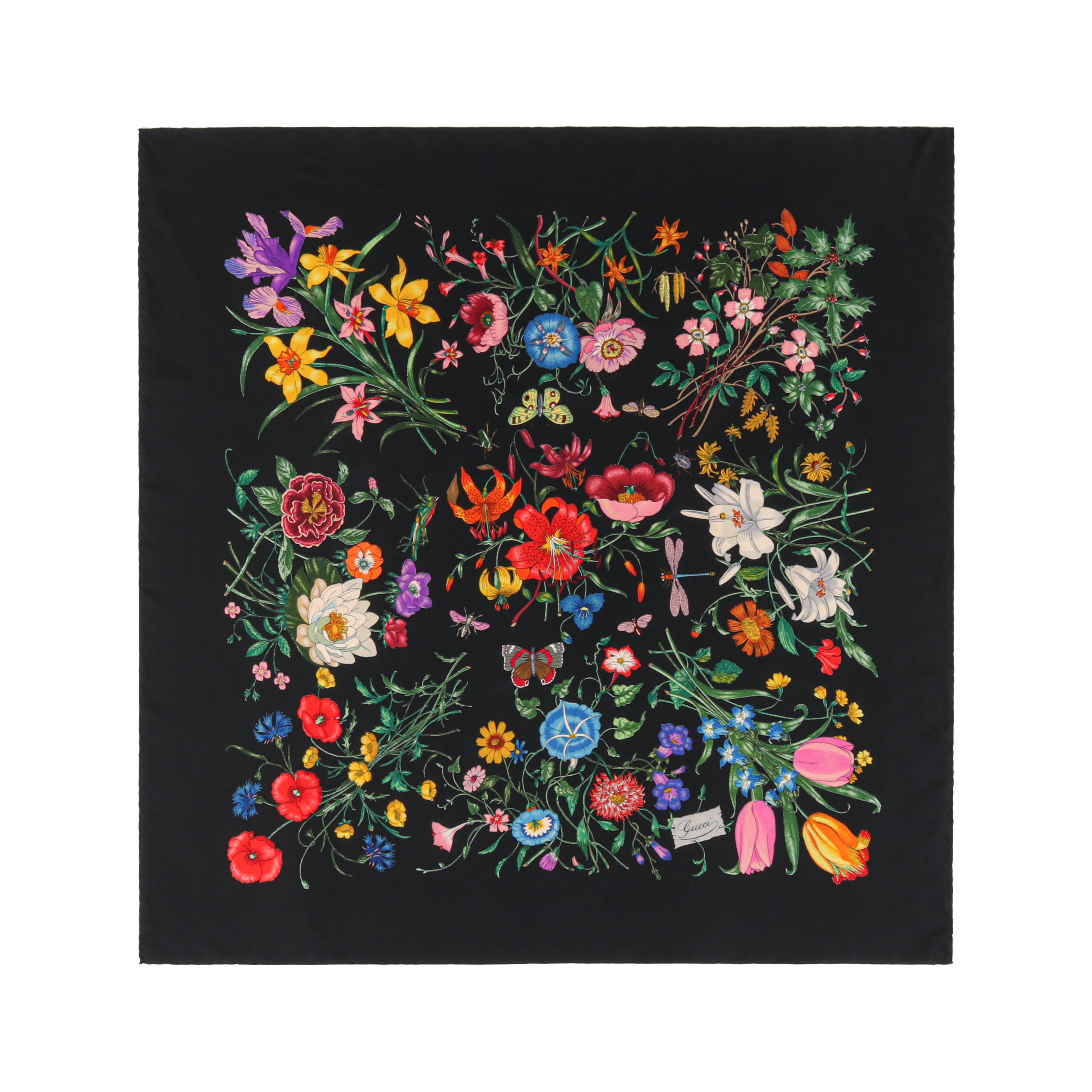 GUCCI c.1970’s Vittorio Accornero “Flora” Black Multicolor Floral Silk Scarf