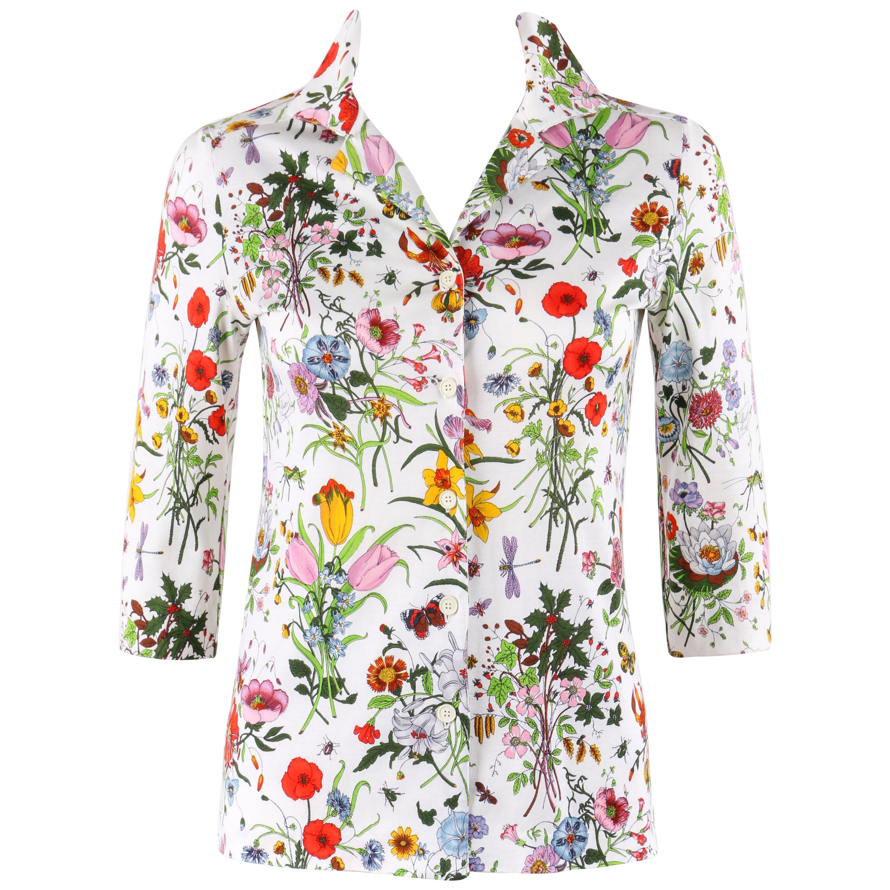 GUCCI c.1970's Vittorio Accornero "Flora" Print Cotton 3/4 Sleeve Shirt Blouse