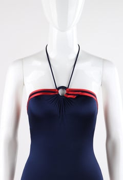GUCCI c.1980’s Blue Red Trim High Cut Leg Ring Halter 1 Piece Bathing Swimsuit