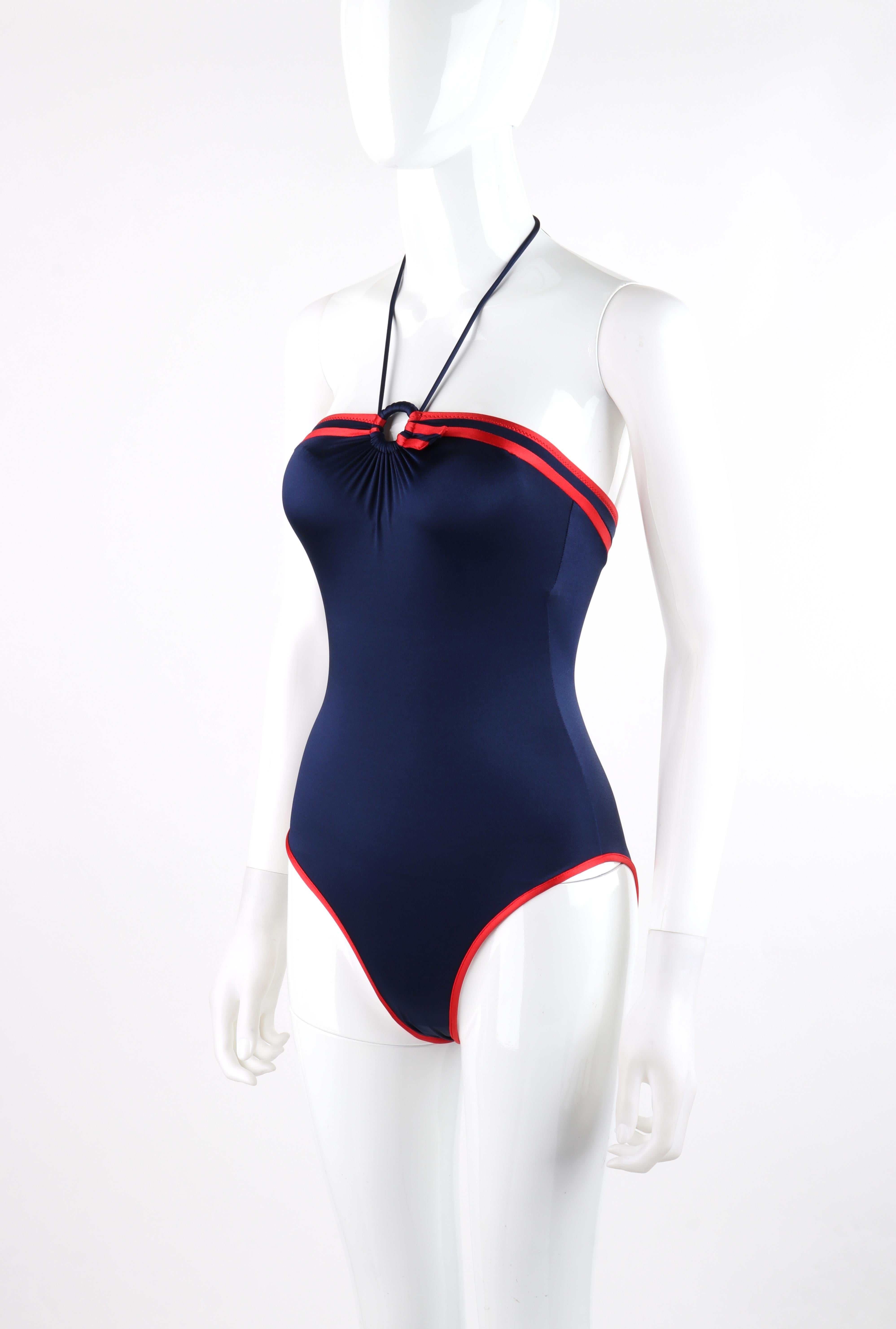 GUCCI c.1980’s Blue Red Trim High Cut Leg Ring Halter 1 Piece Bathing Swimsuit  In Excellent Condition For Sale In Thiensville, WI