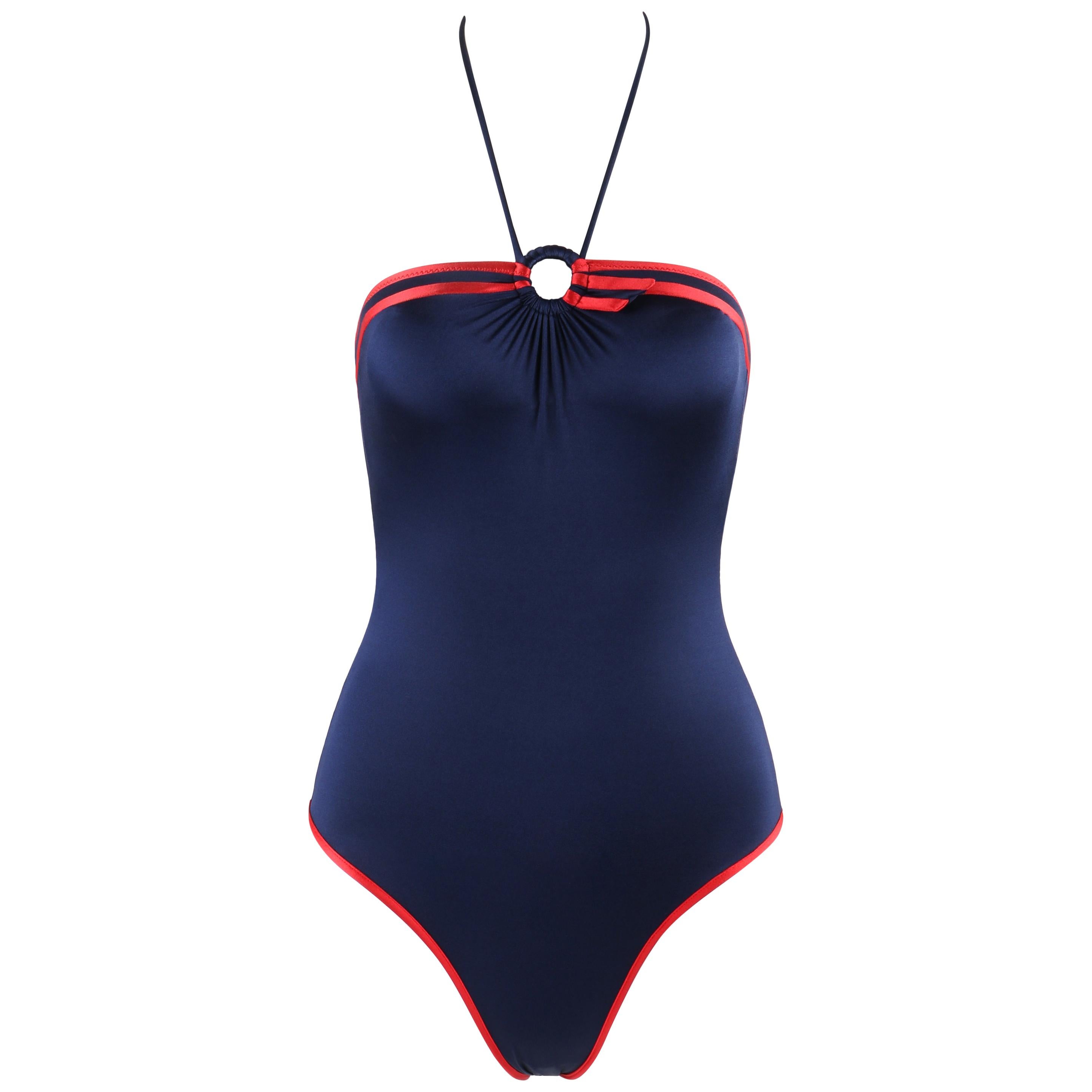 GUCCI c.1980’s Blue Red Trim High Cut Leg Ring Halter 1 Piece Bathing Swimsuit 