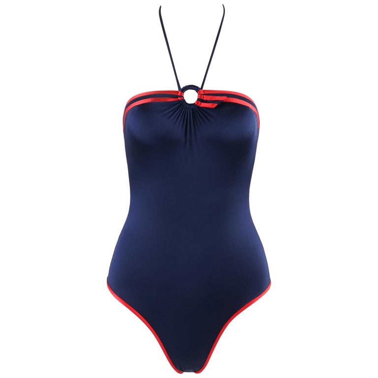 GUCCI c.1980's Blue Red Trim High Cut Leg Ring Halter 1 Piece Bathing  Swimsuit For Sale at 1stDibs | hi cut one piece swimsuit, gucci ring, high  cut bikini