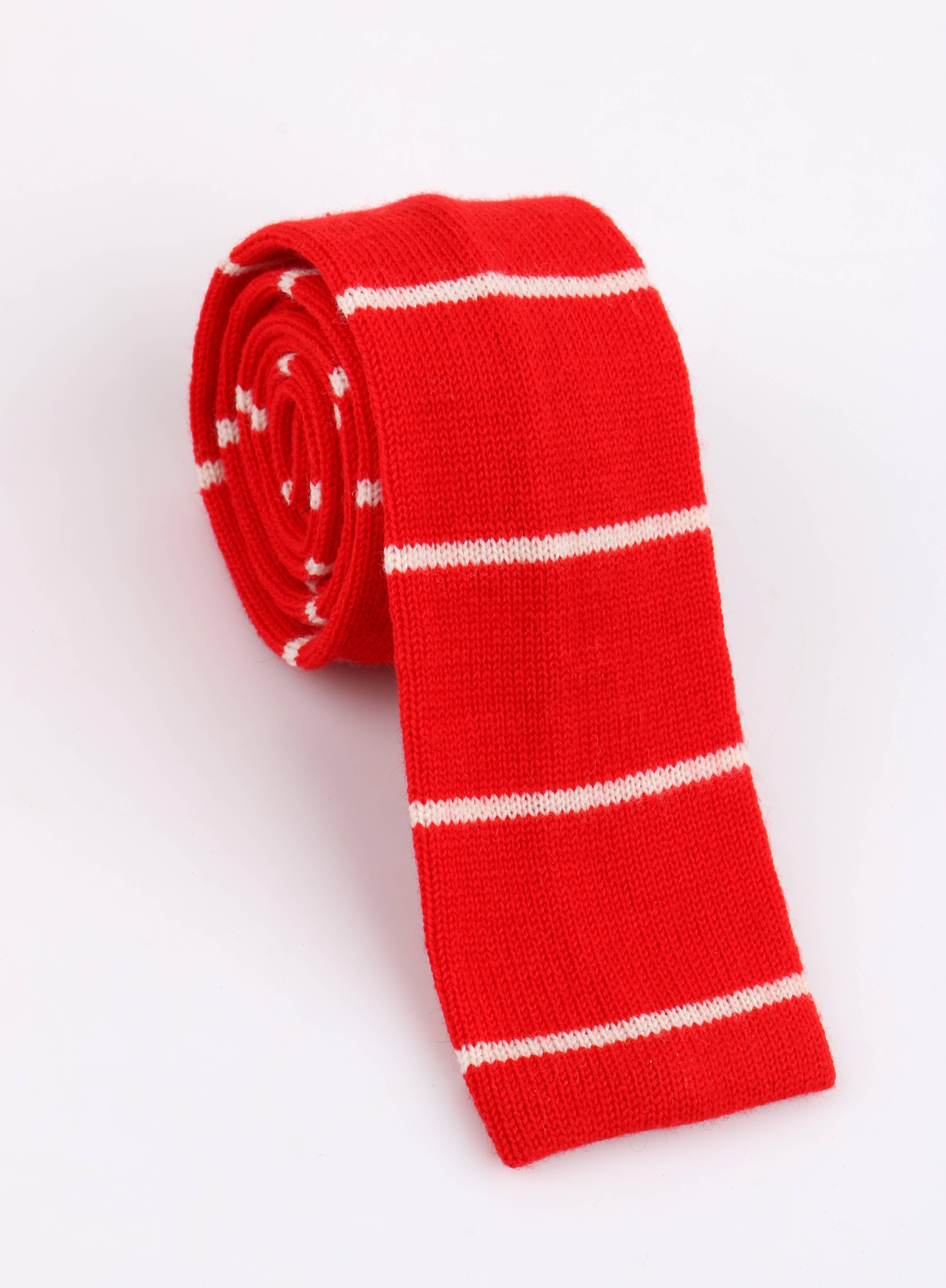 Vintage Gucci c.1980's red and off white striped wool knit necktie; New old stock. Red and off white horizontal striped knit. Square end. Marked Fabric Content: 