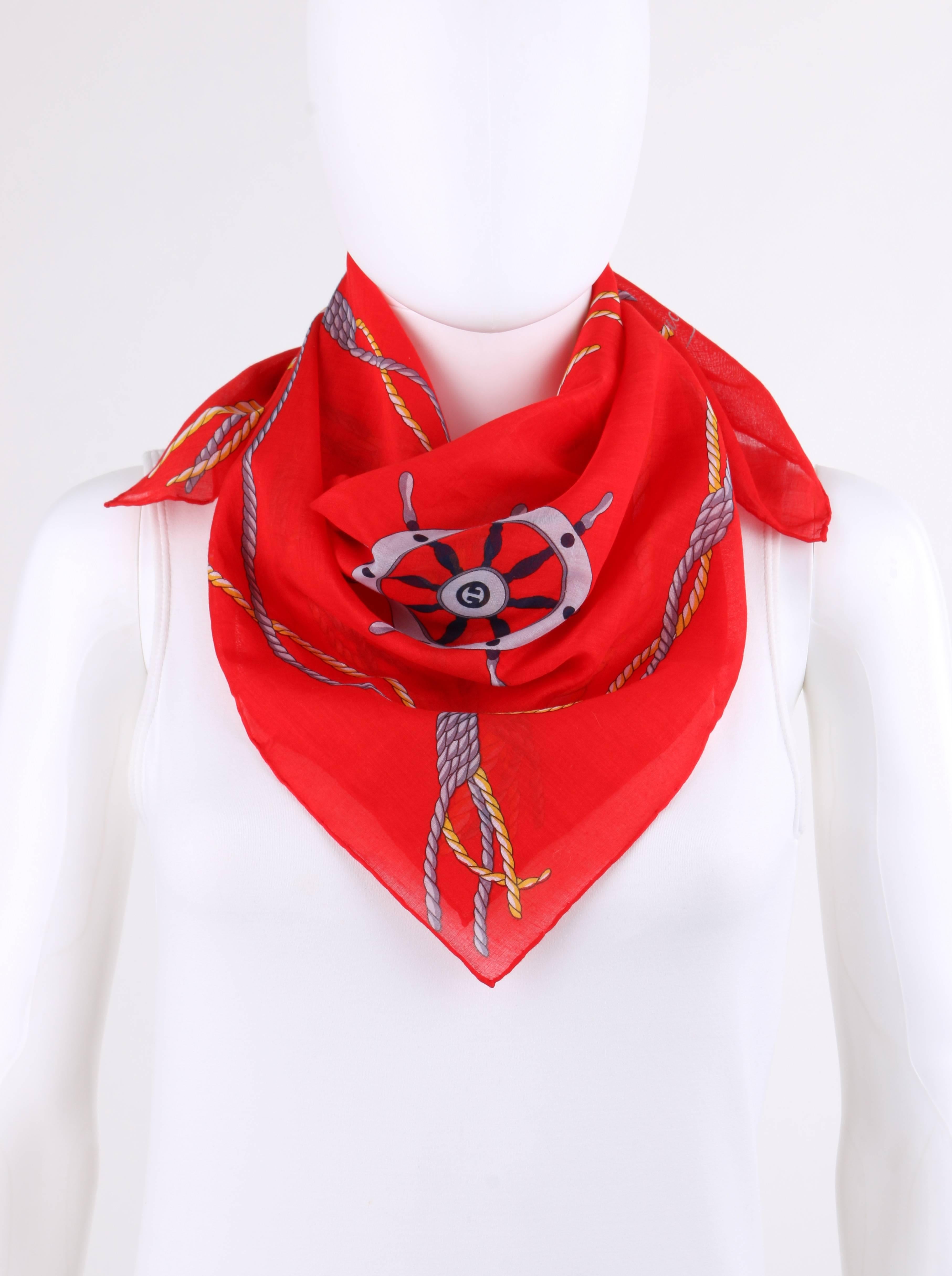 GUCCI c.1980's Red Nautical Anchor Rope Print Square Cotton Scarf at ...