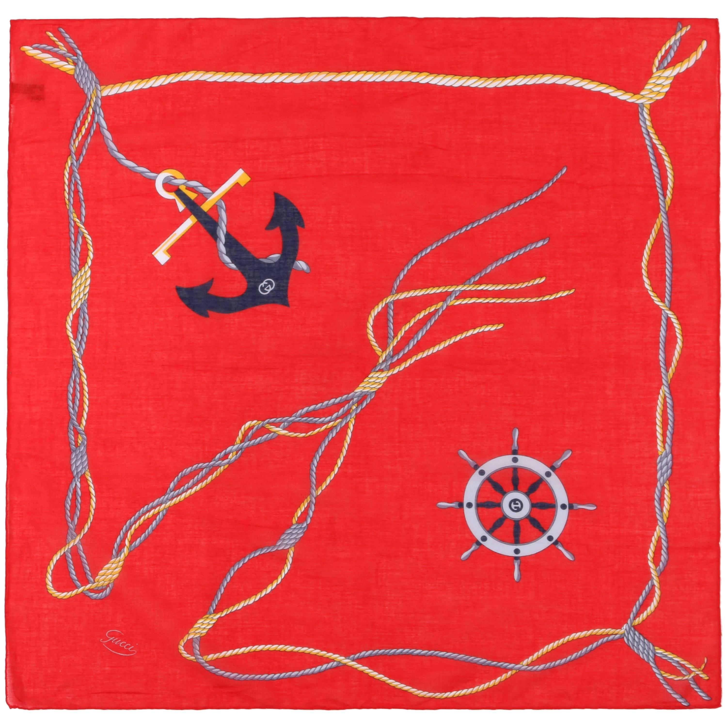 GUCCI c.1980
s Red Nautical Anchor Rope Print Square Cotton Scarf