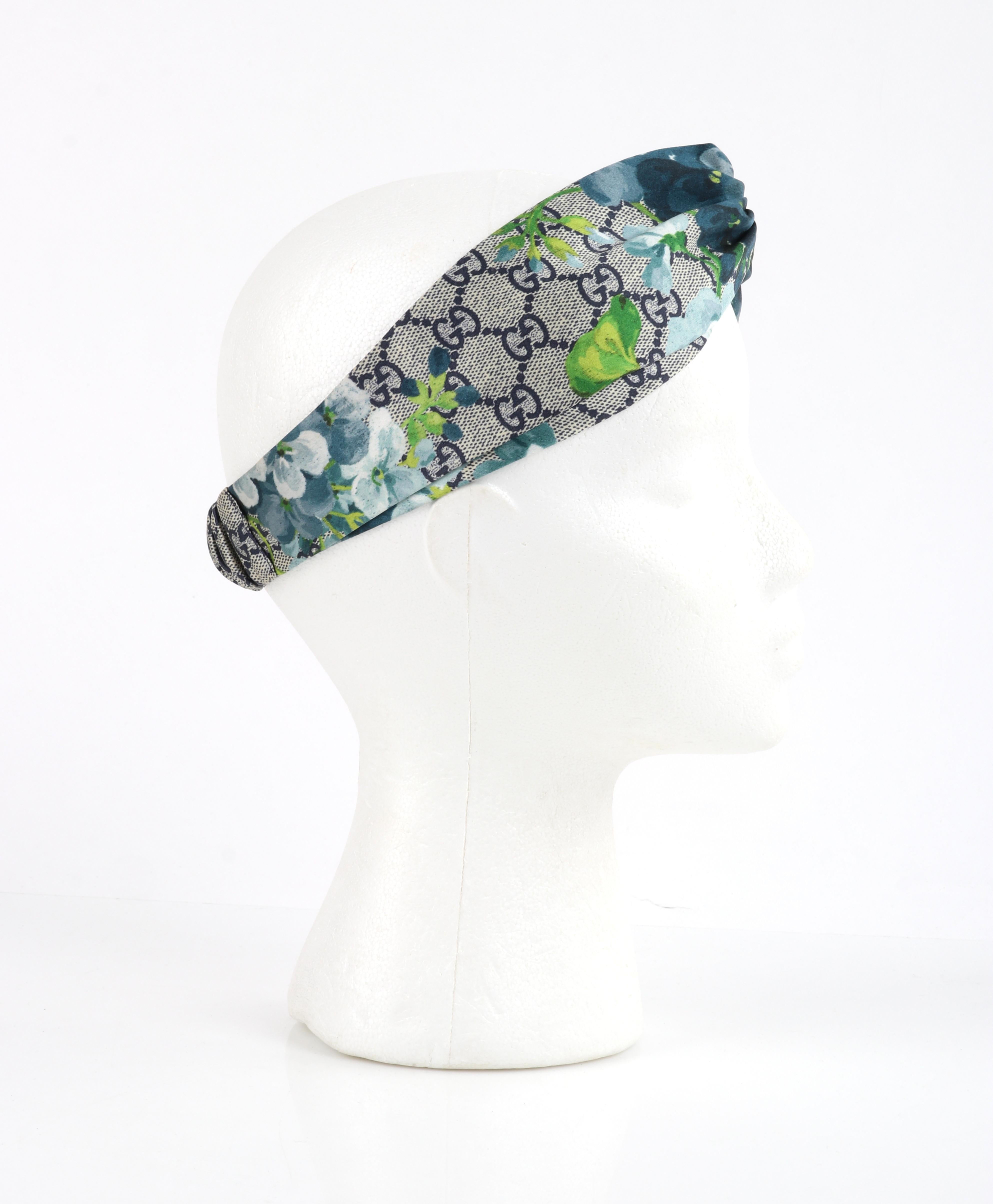 Women's GUCCI c.2016 “Blooms” Blue Gray GG Monogram Floral Knotted Silk Headband NWT