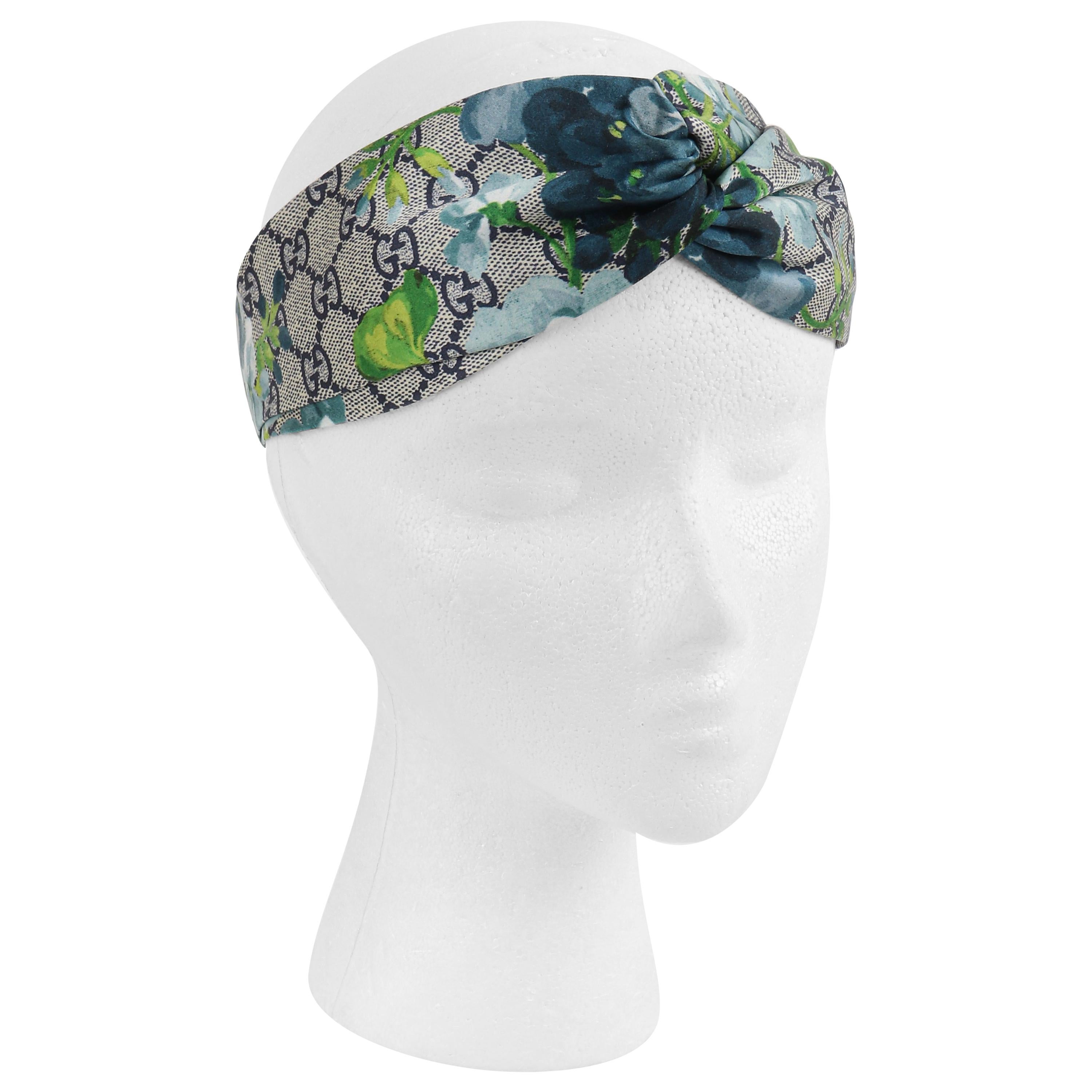 GUCCI c.2016 “Blooms” Blue Gray GG Monogram Floral Knotted Silk Headband NWT