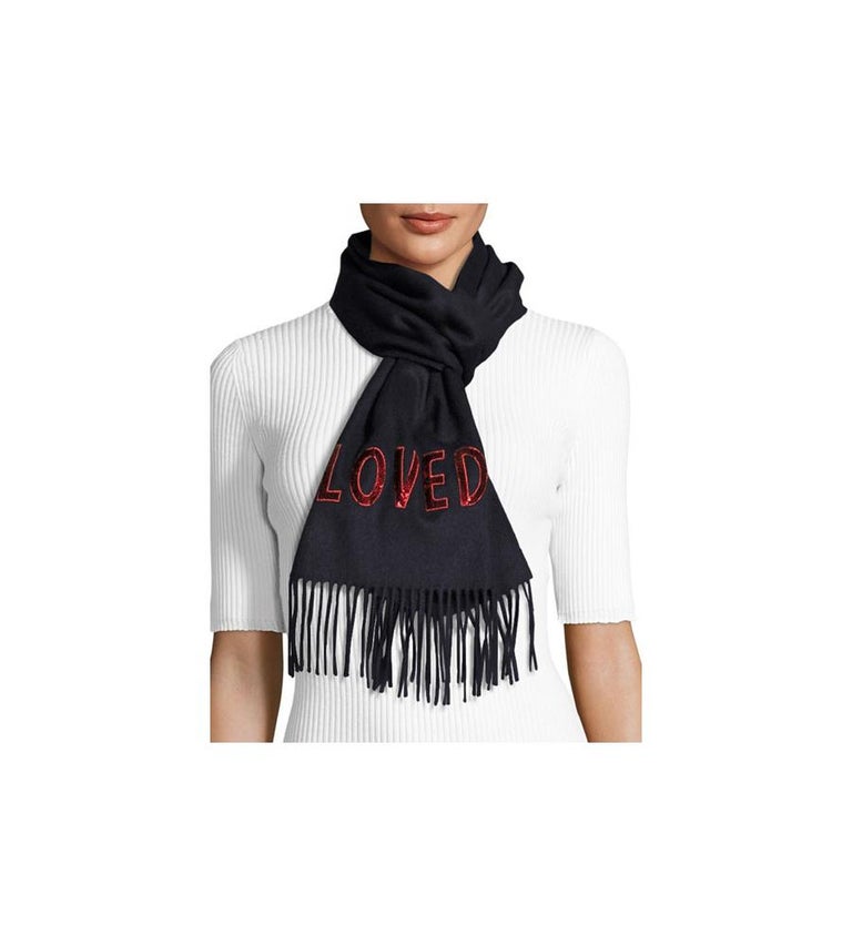 GUCCI  Navy Blue Red Sequin Embellished “Loved” Silk Cashmere Scarf  NWT For Sale at 1stDibs