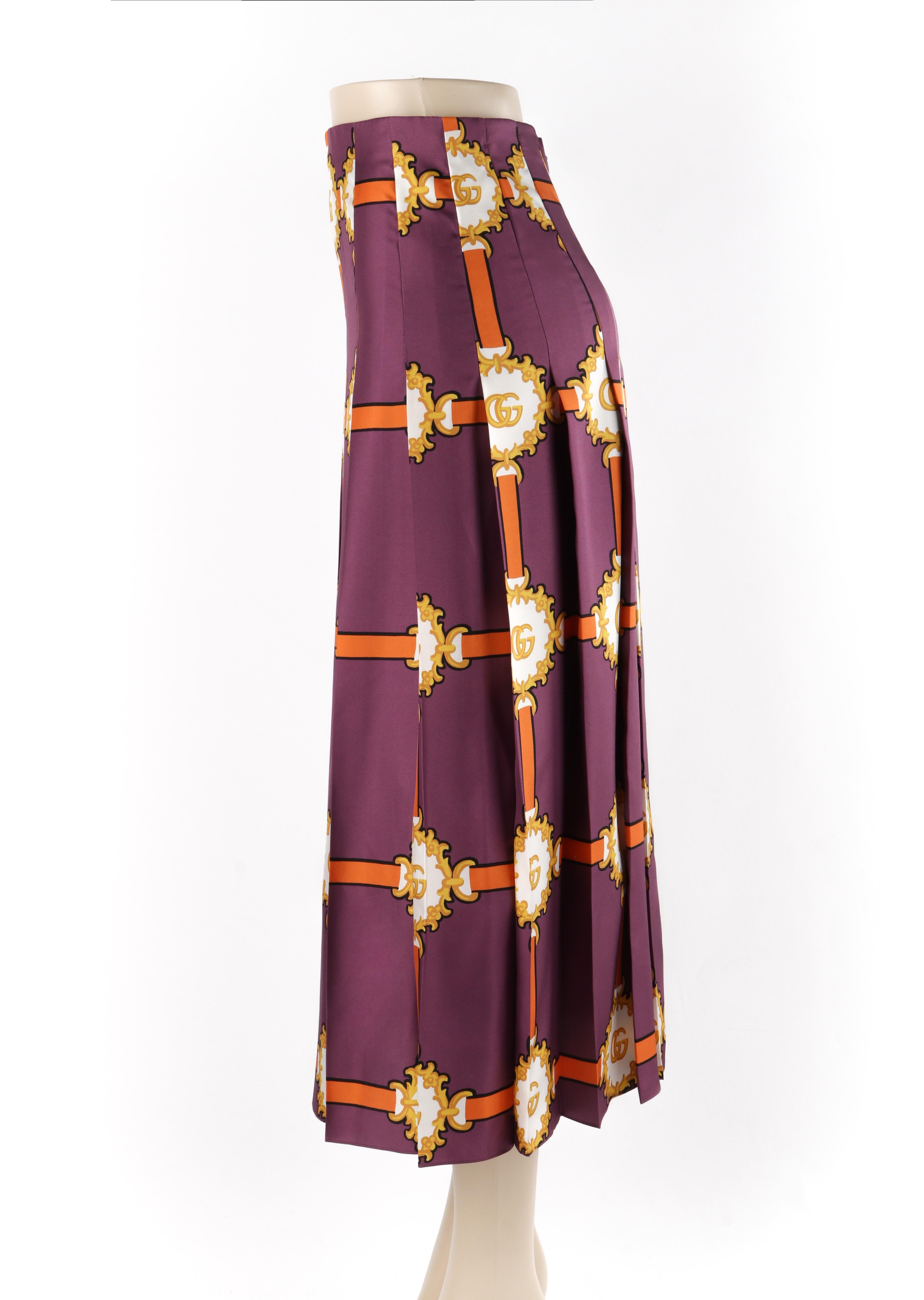 Brown GUCCI c.2019 Purple Gold Marmont GG Doubloon Harness Silk Pleated Skirt For Sale