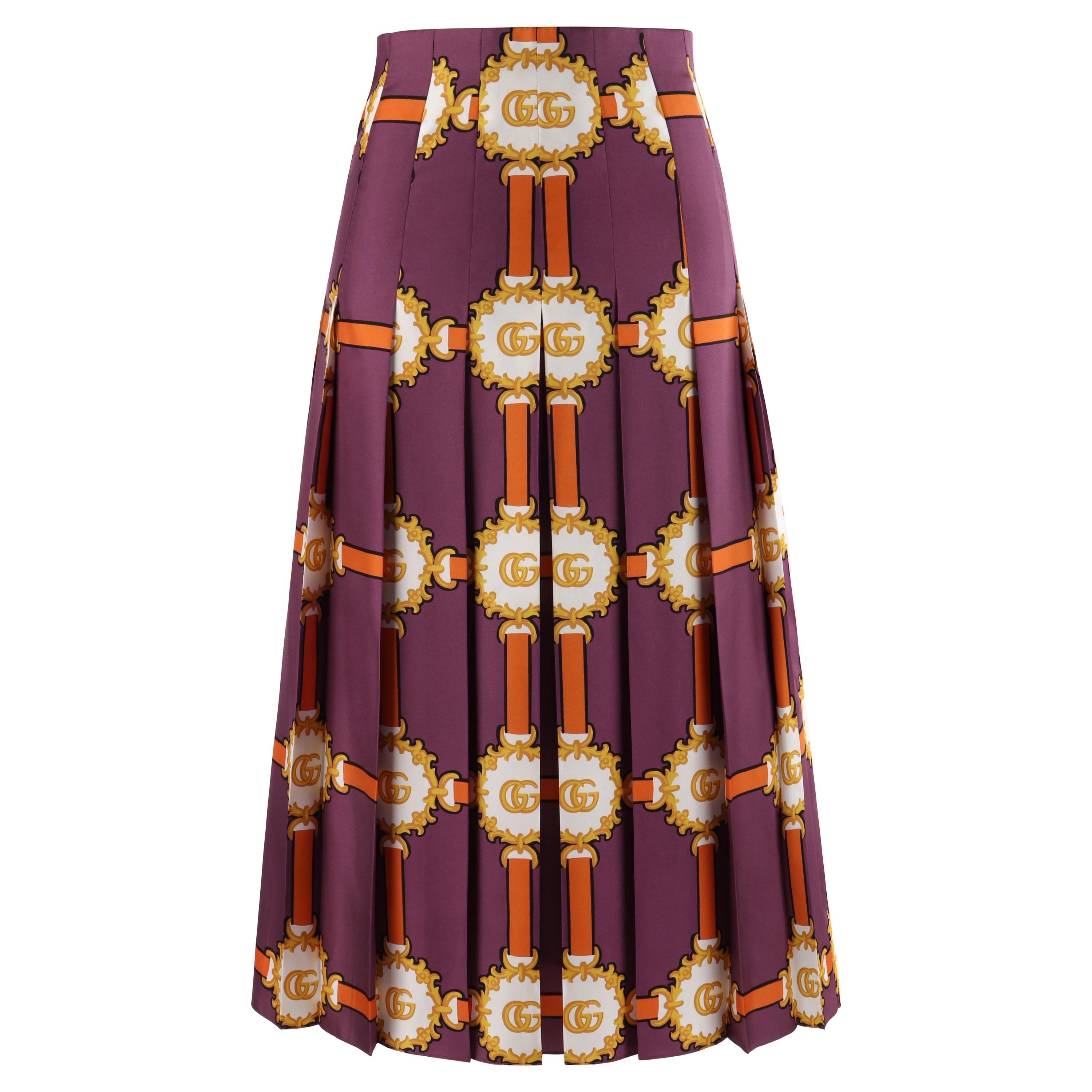 GUCCI c.2019 Purple Gold Marmont GG Doubloon Harness Silk Pleated Skirt For Sale