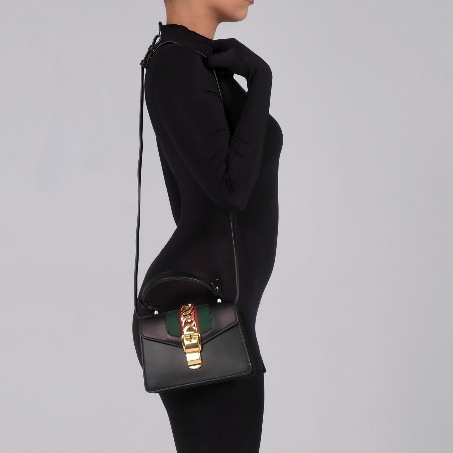 Gucci Calfskin Black Web Mini Sylvie Top Handle Bag In Excellent Condition In Montreal, Quebec