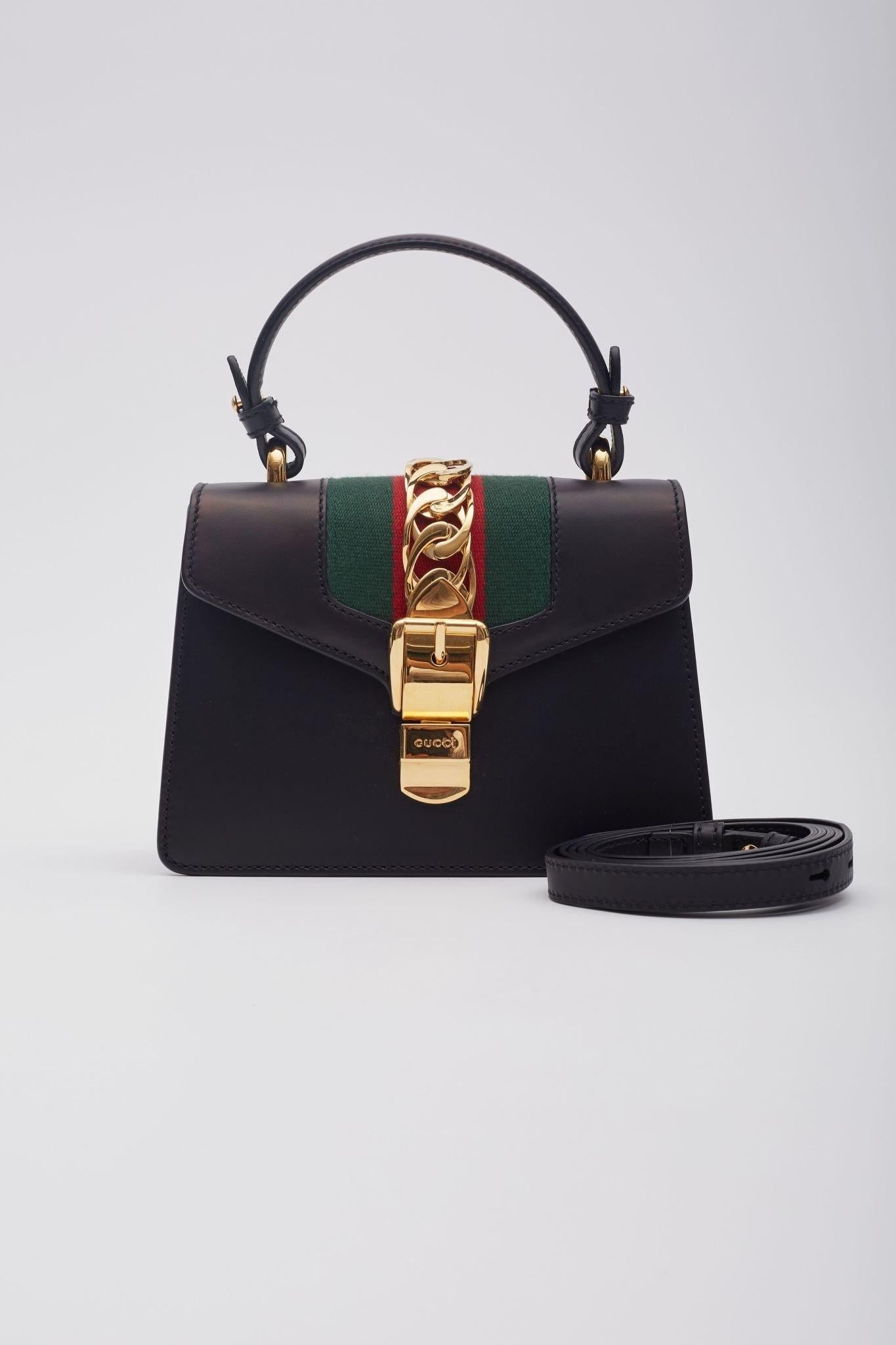 Women's Gucci Calfskin Black Web Mini Sylvie Top Handle Bag