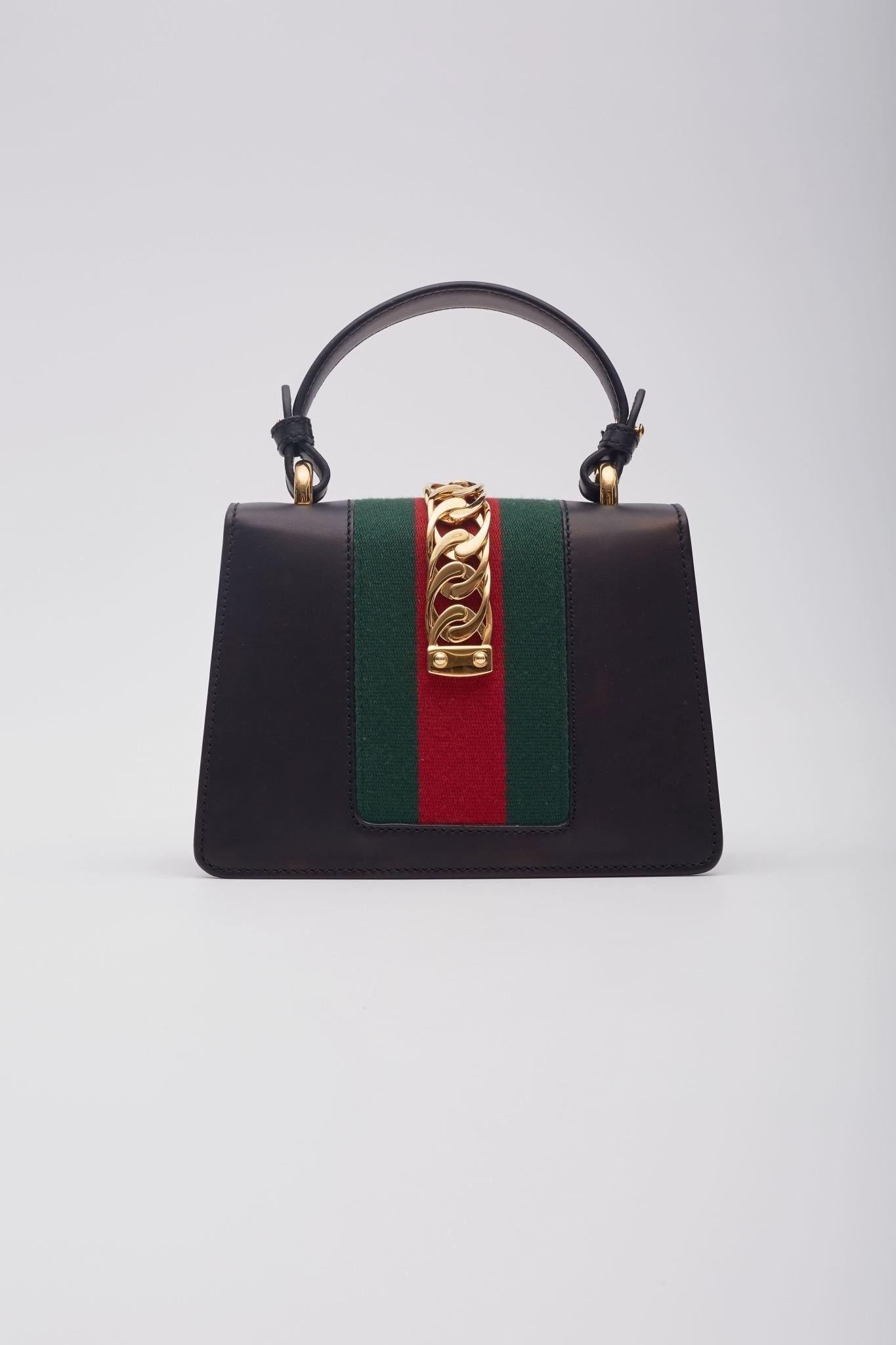 Gucci Calfskin Black Web Mini Sylvie Top Handle Bag 1