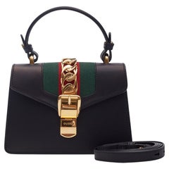 Gucci Calfskin Black Web Mini Sylvie Top Handle Bag