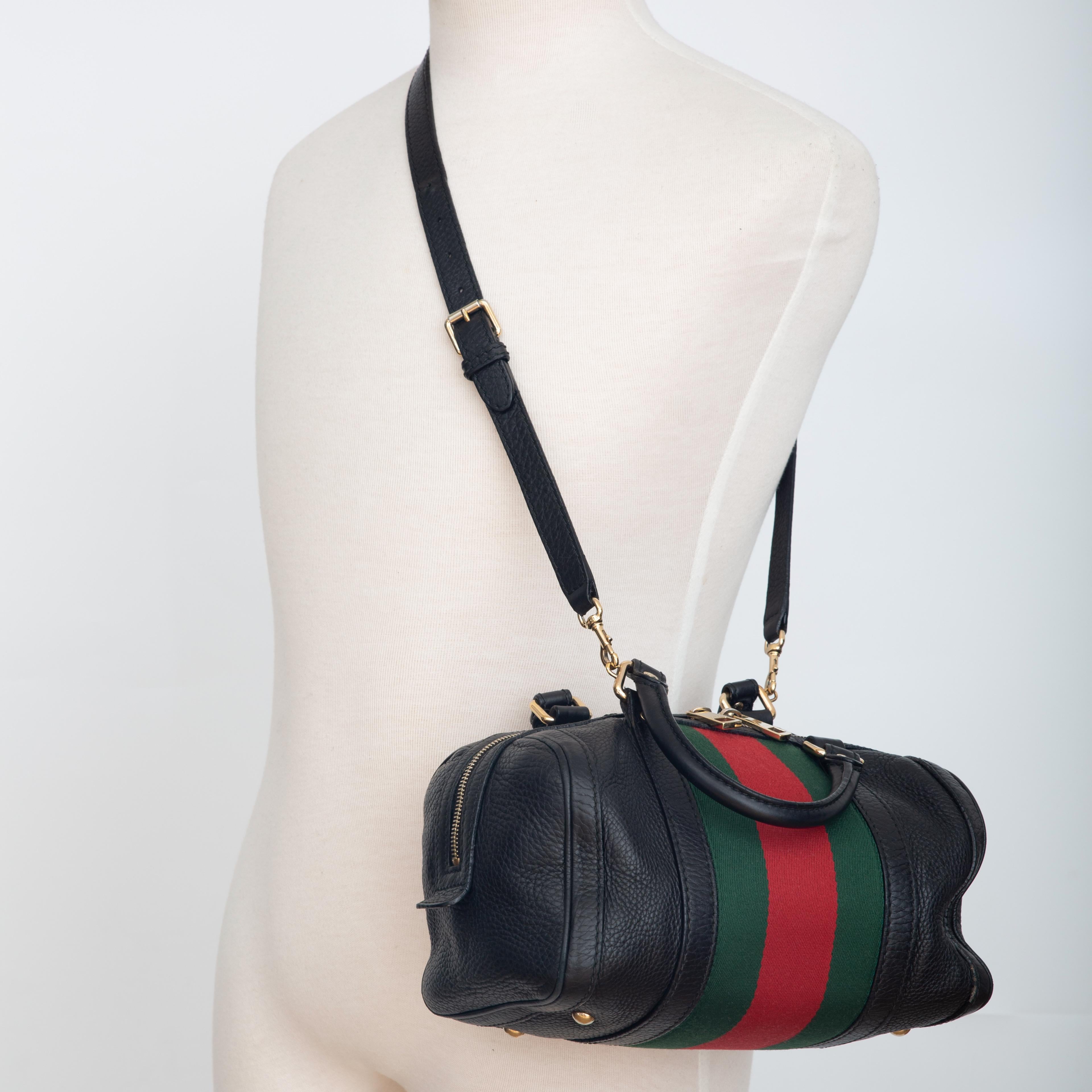 Gucci Calfskin Black Web Small Boston Handbag (269876) For Sale 5