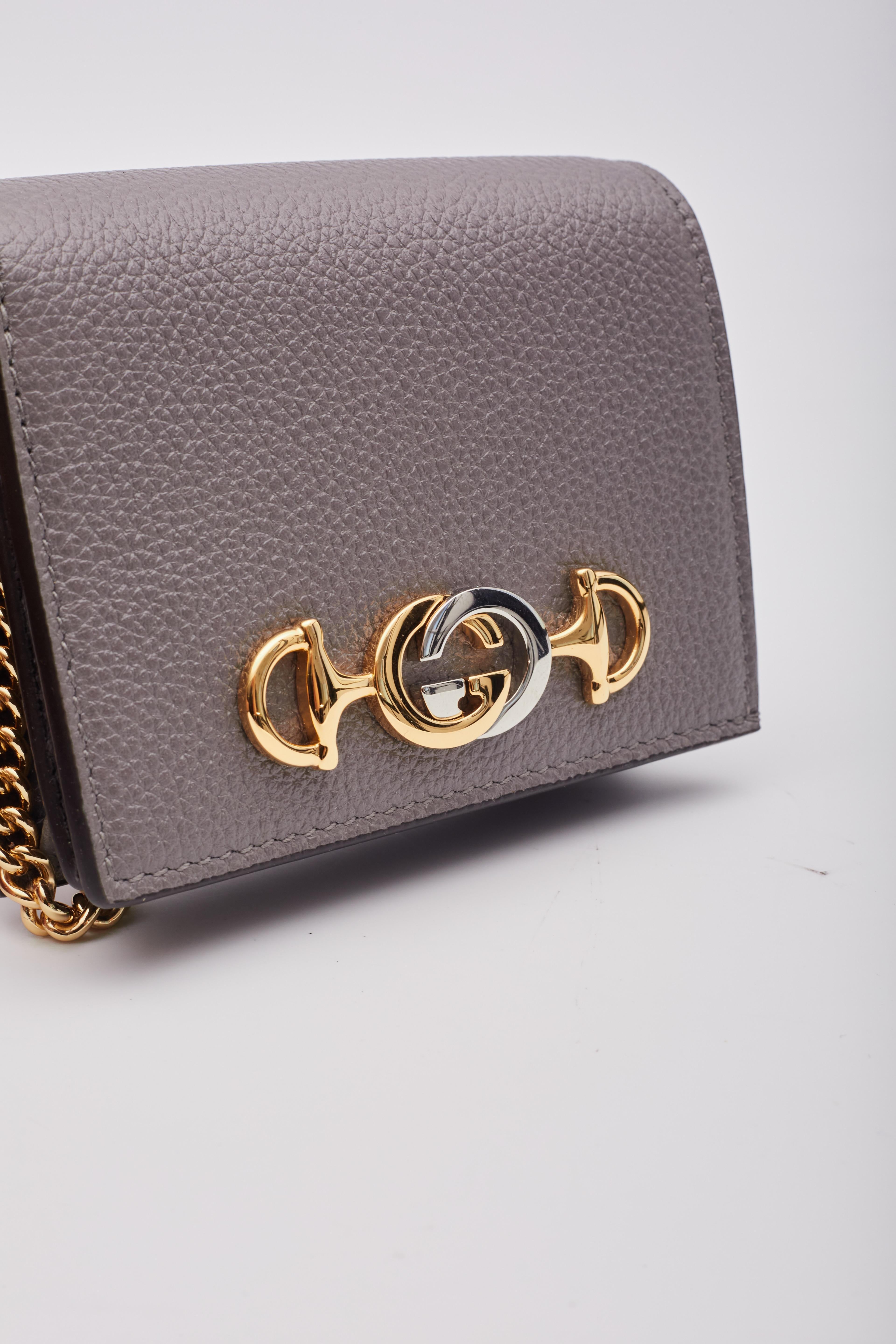 Women's Gucci Calfskin Dusty Grey Zumi Chain Card Case Wallet For Sale