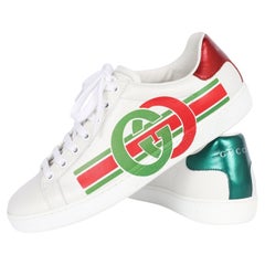 GUCCI Calfskin Interlocking G Womens New Ace Sneakers 36.5 White Red Flame Green