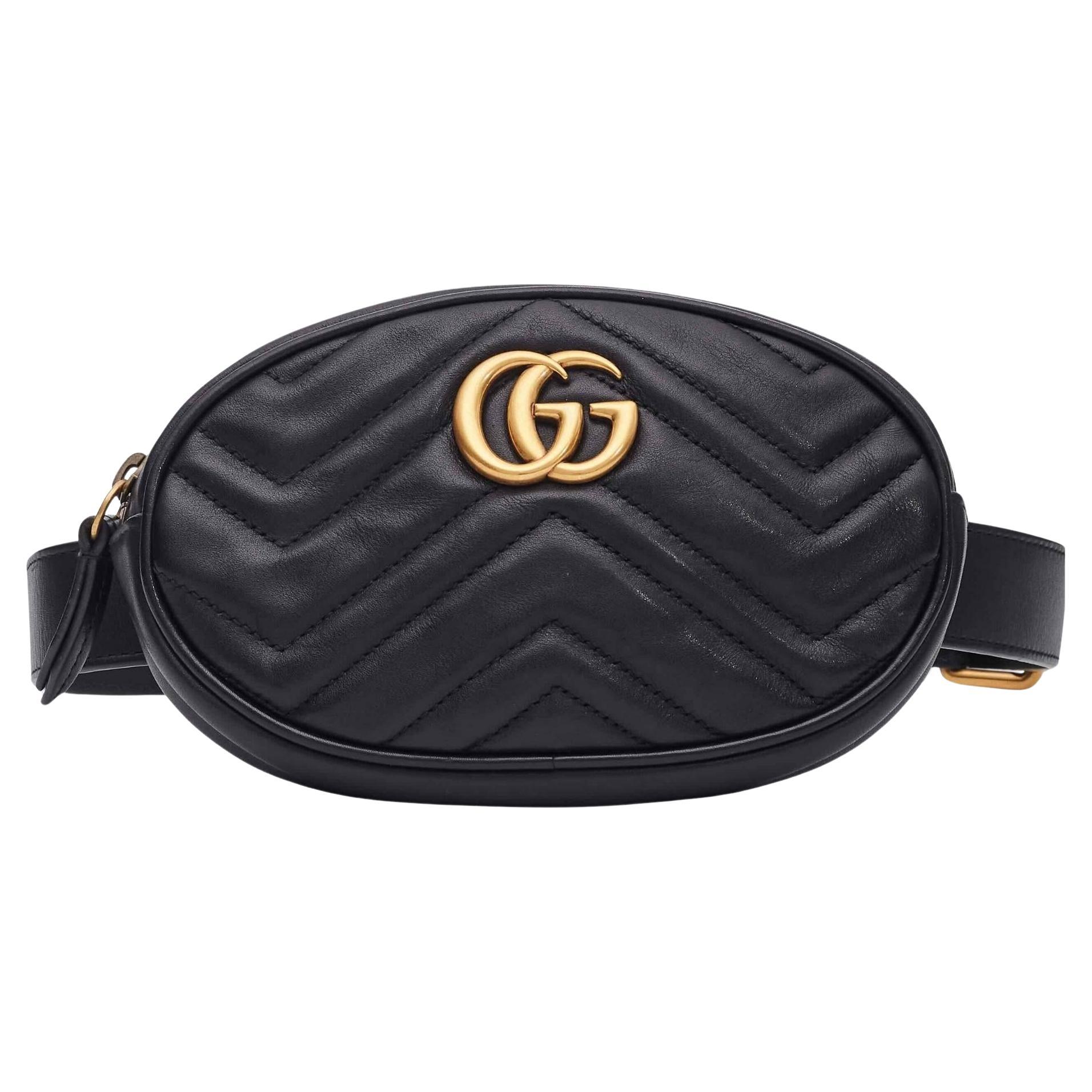 Gucci Calfskin Matelasse GG Marmont Belt Bag Black For Sale