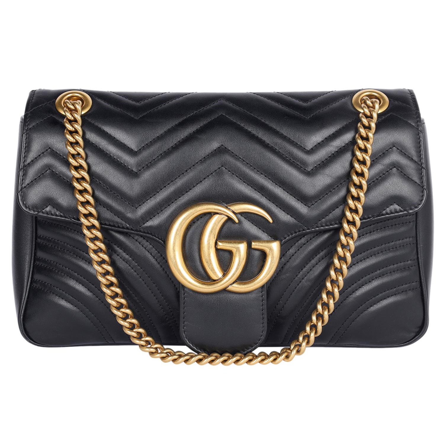 Gucci Calfskin Matelasse GG Marmont Black Shoulder Bag with Gold Chain