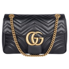 Gucci Calfskin Matelasse GG Marmont Black Shoulder Bag with Gold Chain