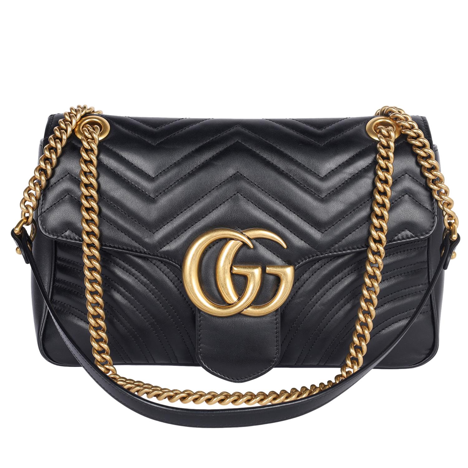 GUCCI Matelasse en cuir de veau Grand sac à bandoulière GG Marmont Noir Bon état - En vente à Salt Lake Cty, UT