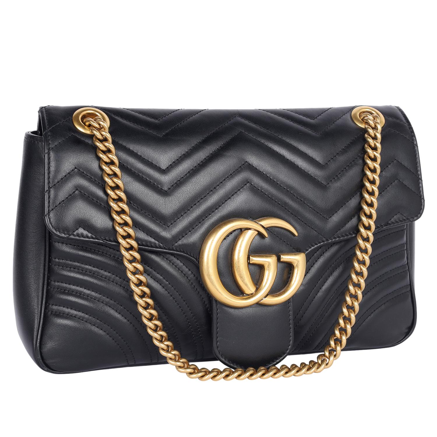 GUCCI Matelasse en cuir de veau Grand sac à bandoulière GG Marmont Noir Pour femmes en vente