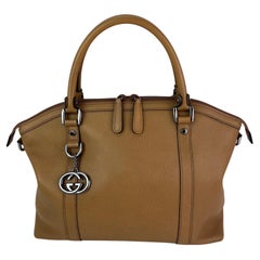 Gucci Calfskin Medium GG Charm Dome Satchel Beige Hand Shoulder Bag