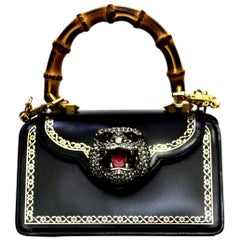 GUCCI Calfskin Mini Thiara Bamboo Top Handle Bag Black