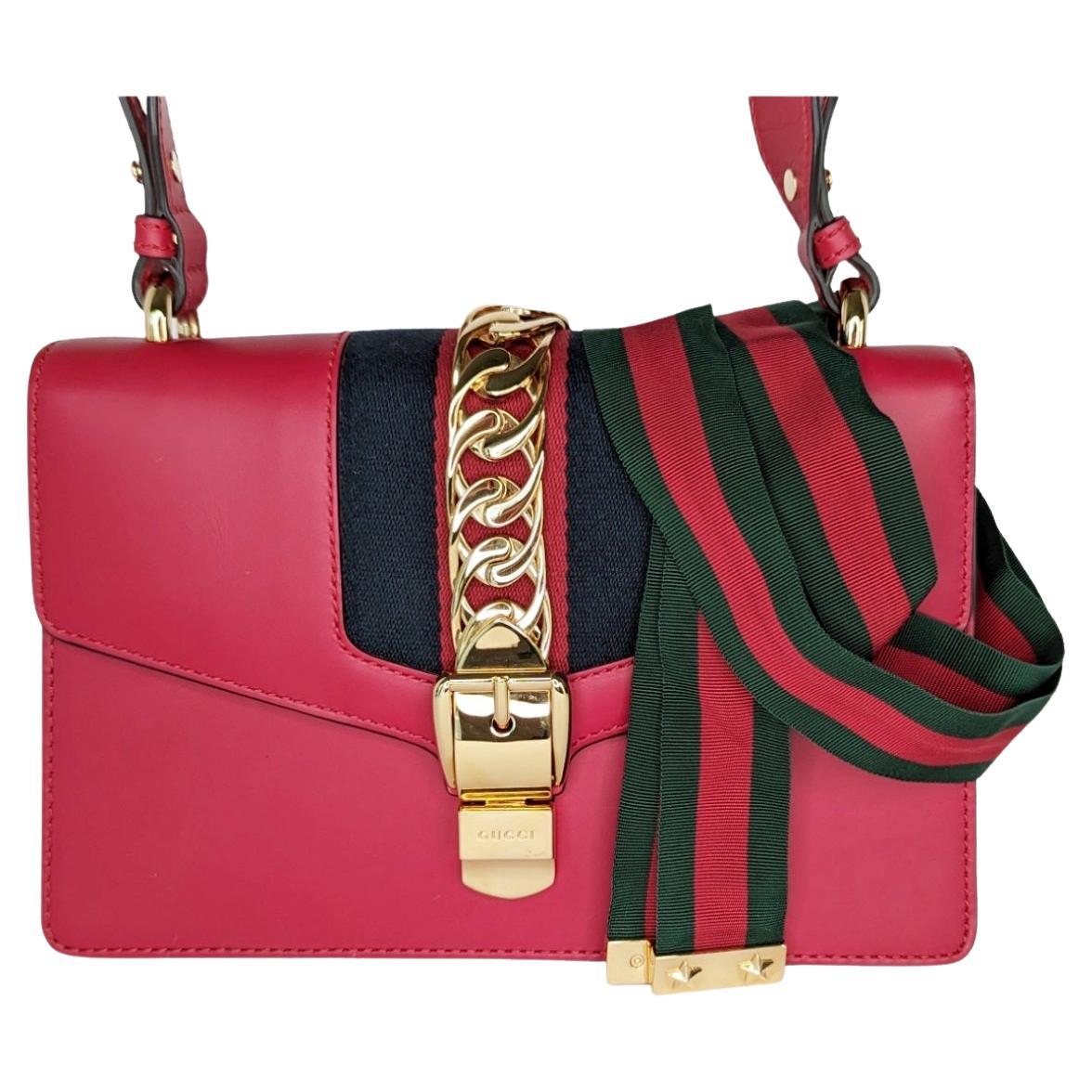 Gucci Calfskin Small Sylvie Chain Shoulder Bag Hibiscus Red For Sale