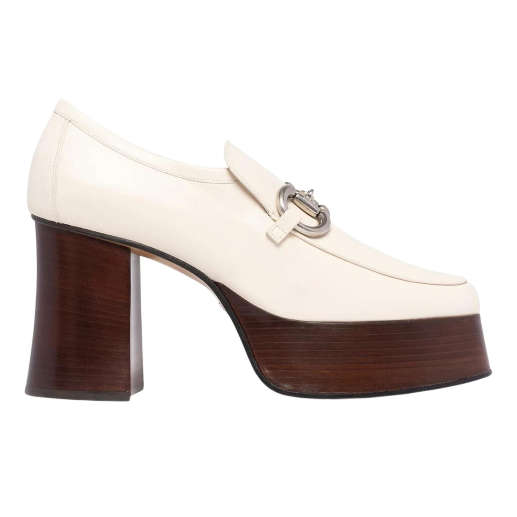 Gucci Calfskin White Horsebit Buckle Platform Loafers  EU 39 For Sale 2