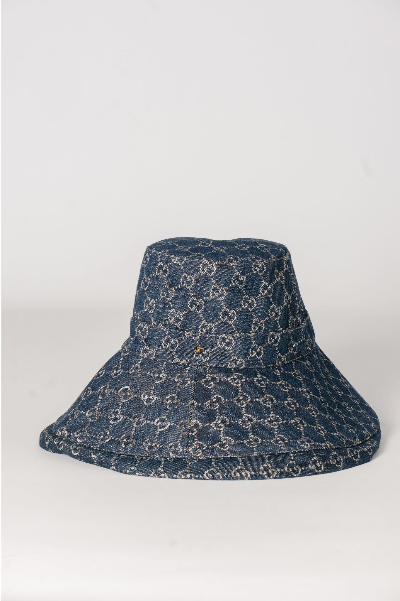 Black Gucci California Denim Blue Monogram Bucket Hat L