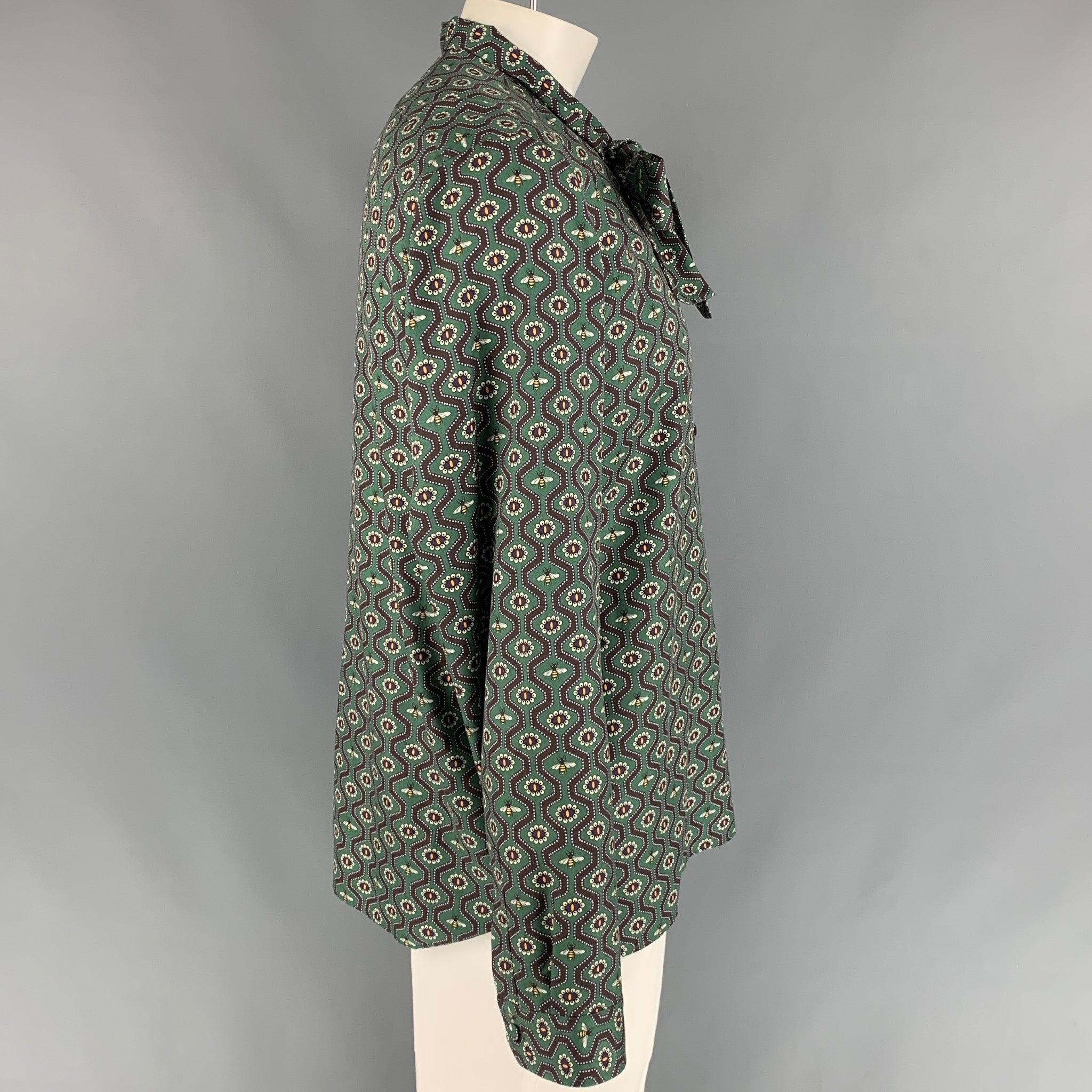 GUCCI Cambridge Size XL Green & Purple Pearl Cotton Button Up Long Sleeve Shirt In Good Condition For Sale In San Francisco, CA