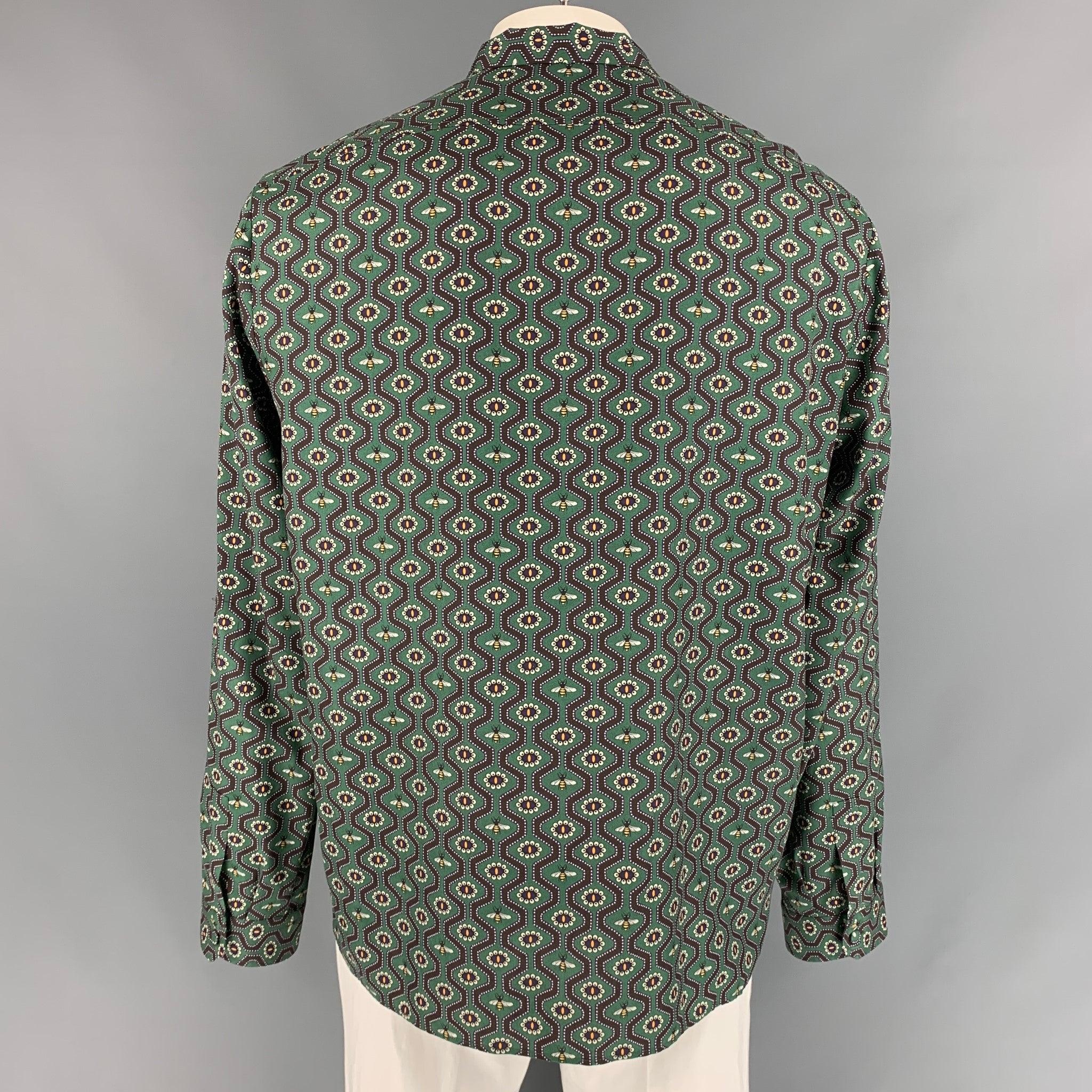 Men's GUCCI Cambridge Size XL Green & Purple Pearl Cotton Button Up Long Sleeve Shirt For Sale