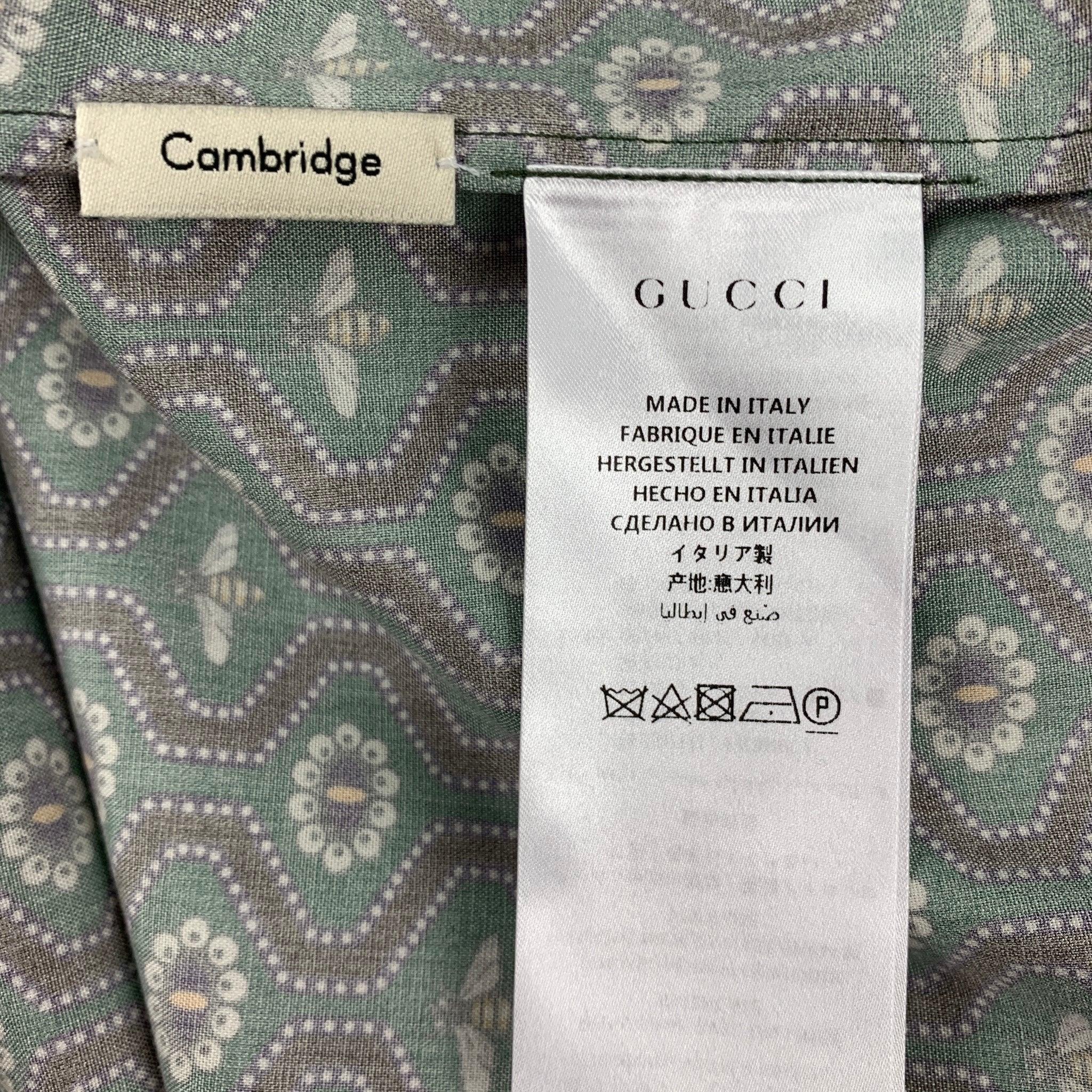 GUCCI Cambridge Size XL Green & Purple Pearl Cotton Button Up Long Sleeve Shirt For Sale 1