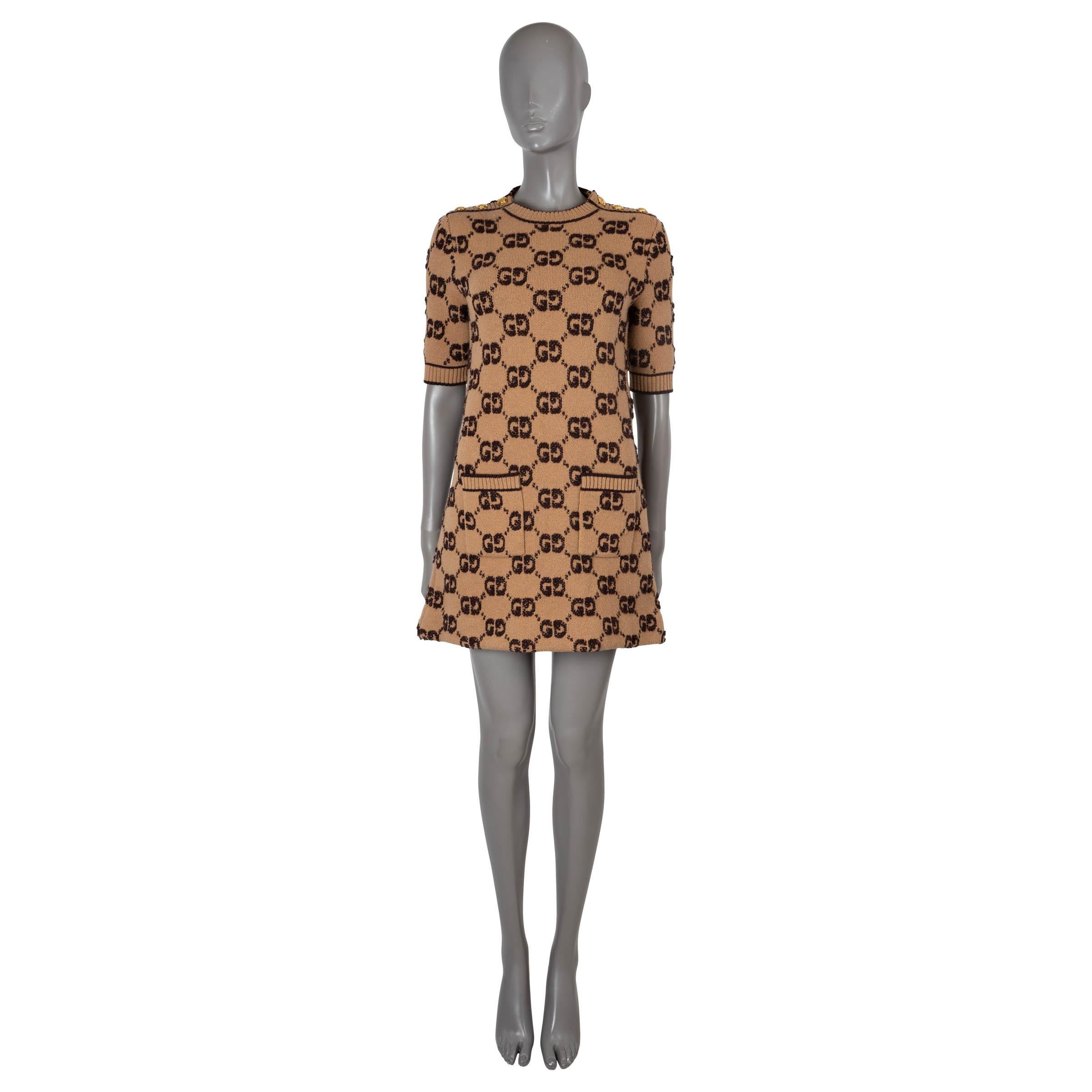 GUCCI camel & brown wool 2024 MONOGRAM BOUCLE JACQUARD Dress M In Excellent Condition For Sale In Zürich, CH