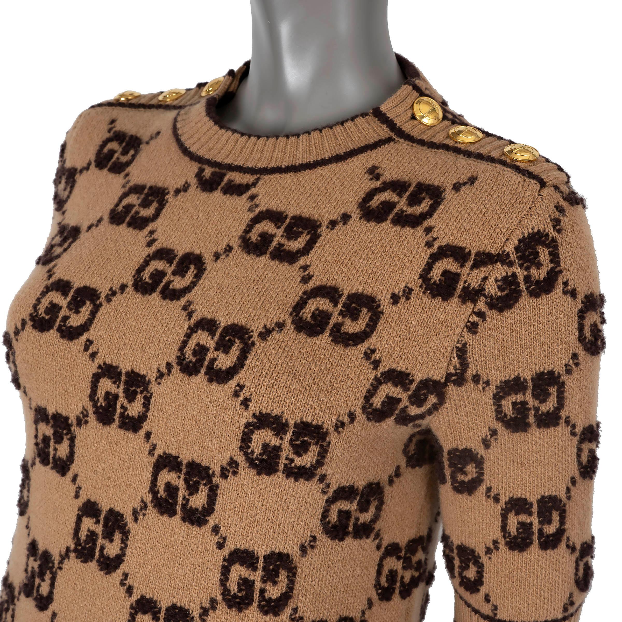 Women's GUCCI camel & brown wool 2024 MONOGRAM BOUCLE JACQUARD Dress M For Sale