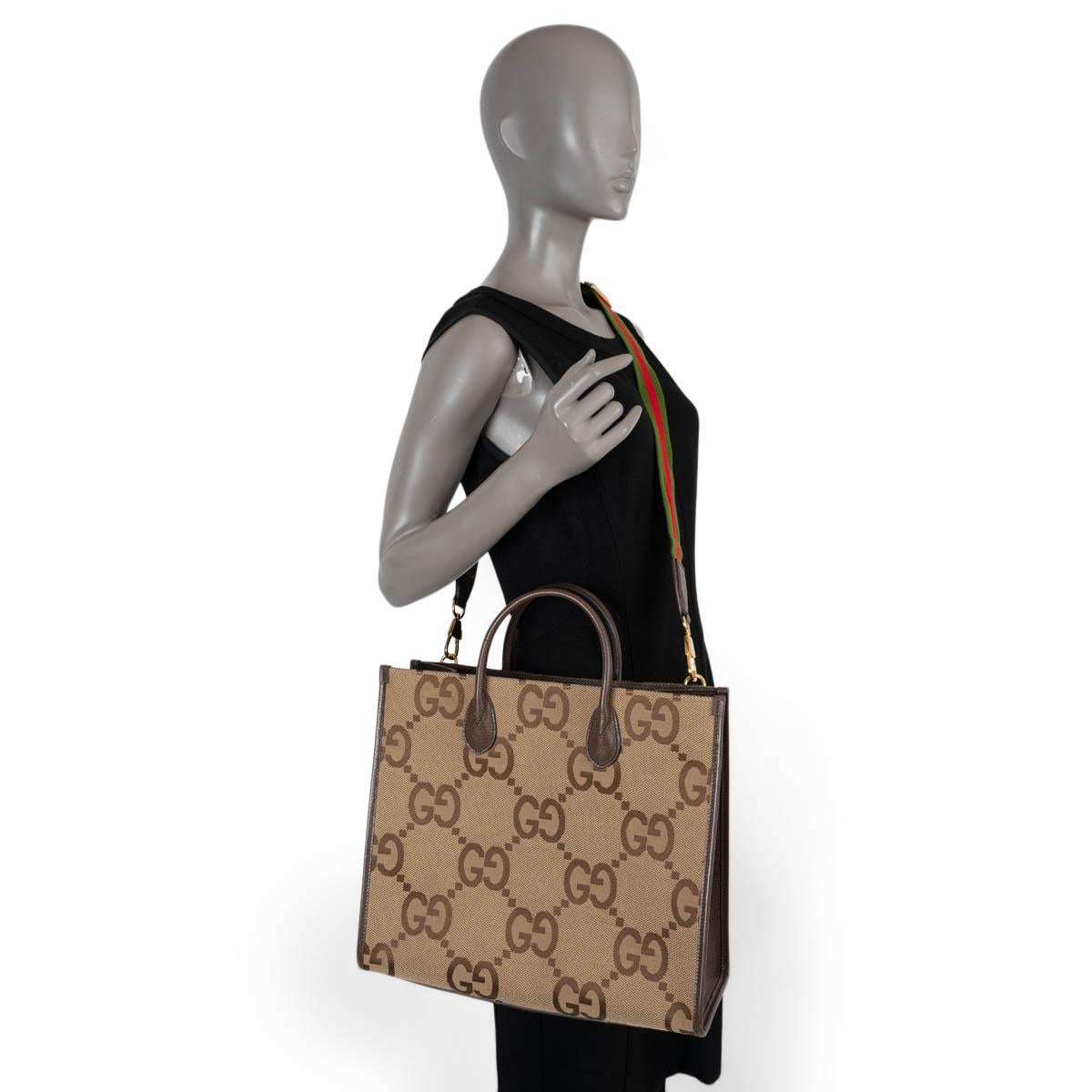 GUCCI camel ebony GG Jumbo Jacquard canvas Tote Bag For Sale 6