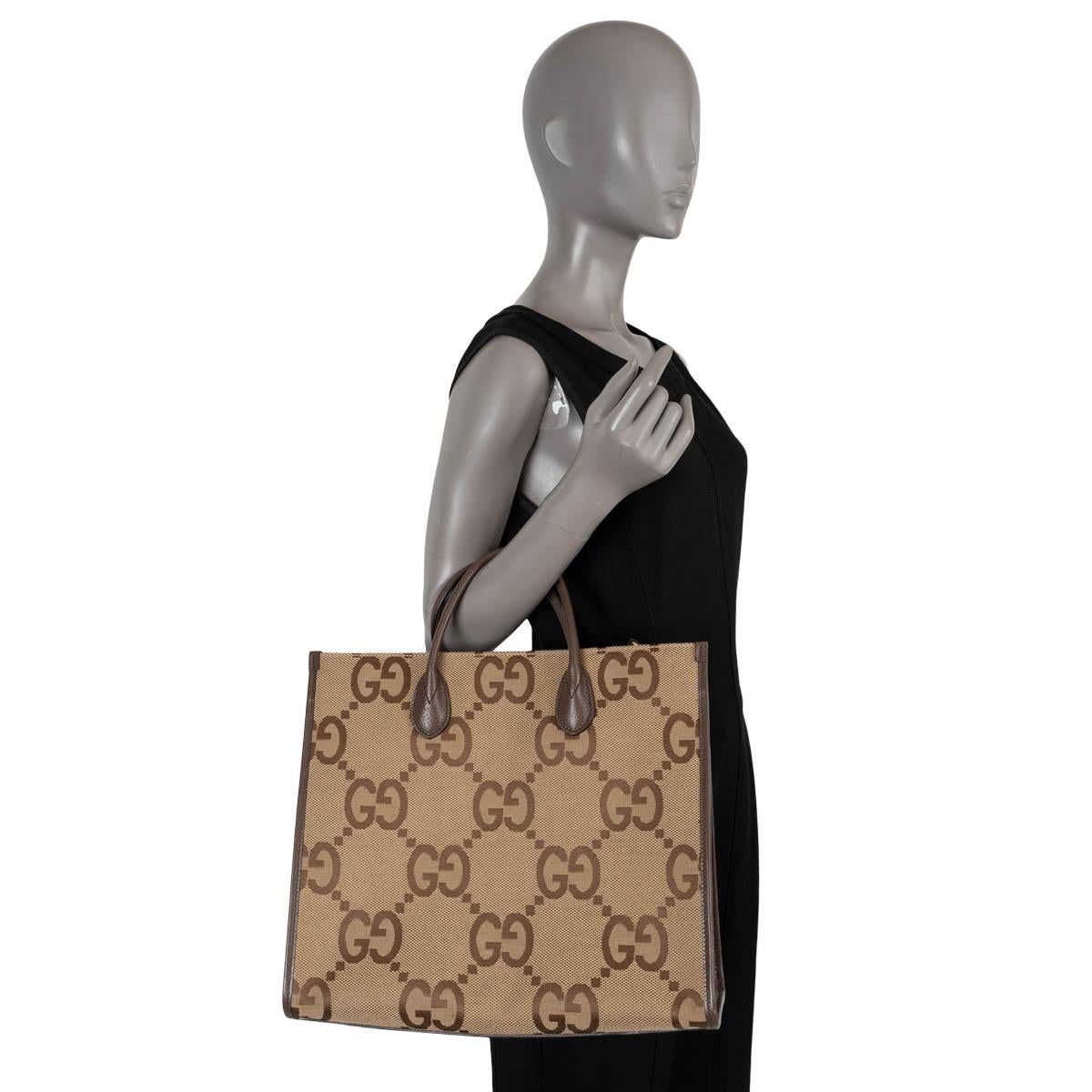 GUCCI camel ebony GG Jumbo Jacquard canvas Tote Bag For Sale 7