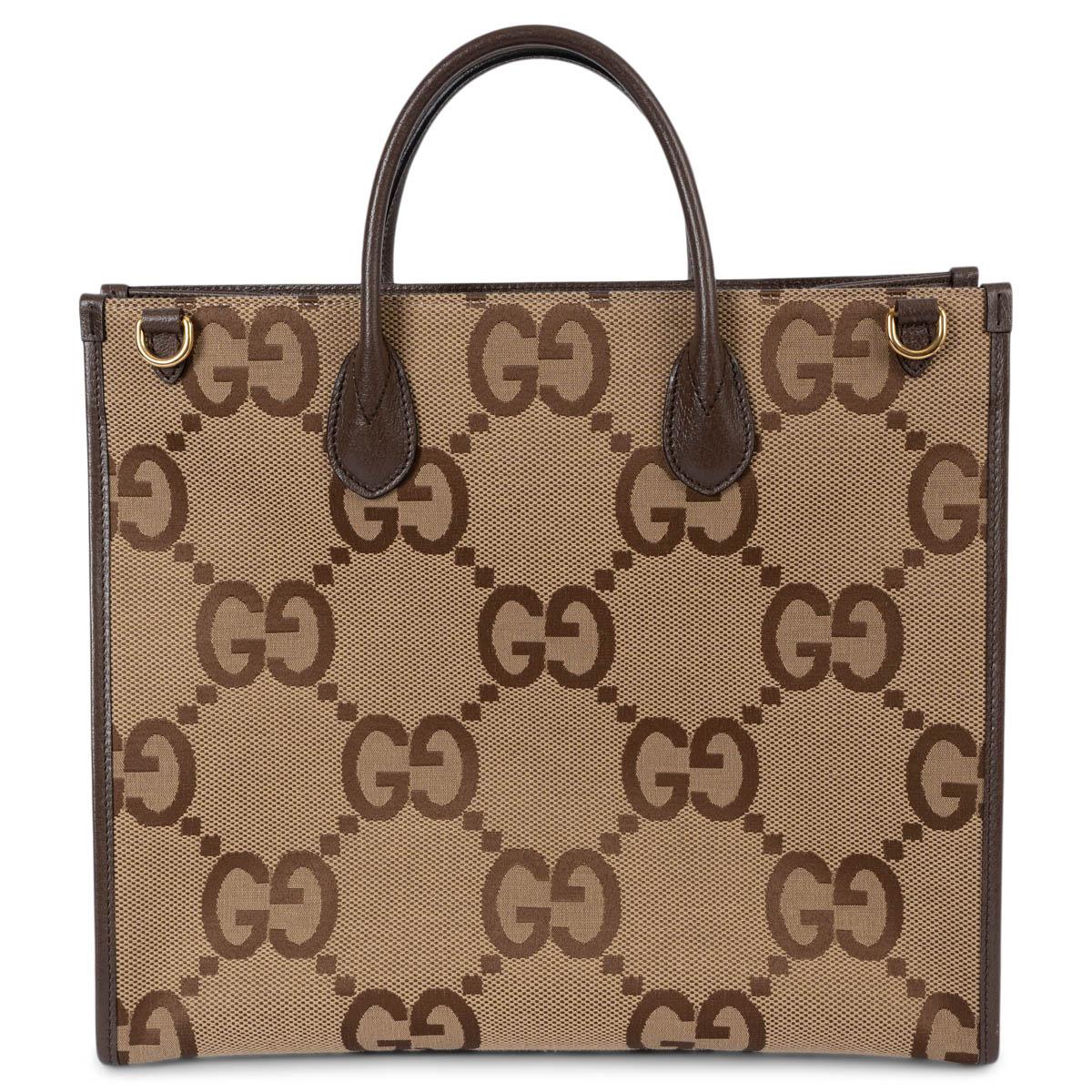 GUCCI camel ebony GG Jumbo Jacquard canvas Tote Bag In Excellent Condition For Sale In Zürich, CH