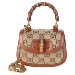 Gucci Camel GG Supreme Canvas Crystal Mini Bamboo 1947 Top Handle Bag