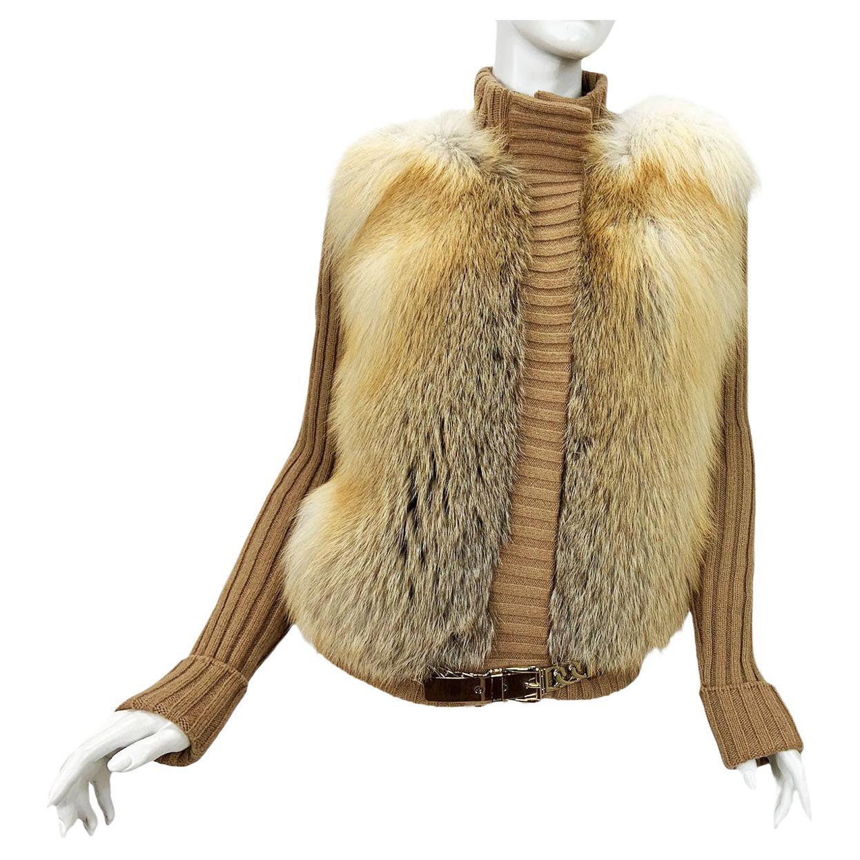 Gucci Camel Hair Fox Fur Knit Cardigan Jacket size L For Sale