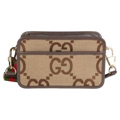 Gucci Camel Jumbo GG Canvas Textured Dollar Calfskin Web Mini Messenger Bag