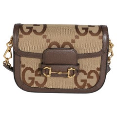 Borsa a tracolla Gucci Camel Monogram Jumbo GG Cafskin Web Small Horsebit 1955