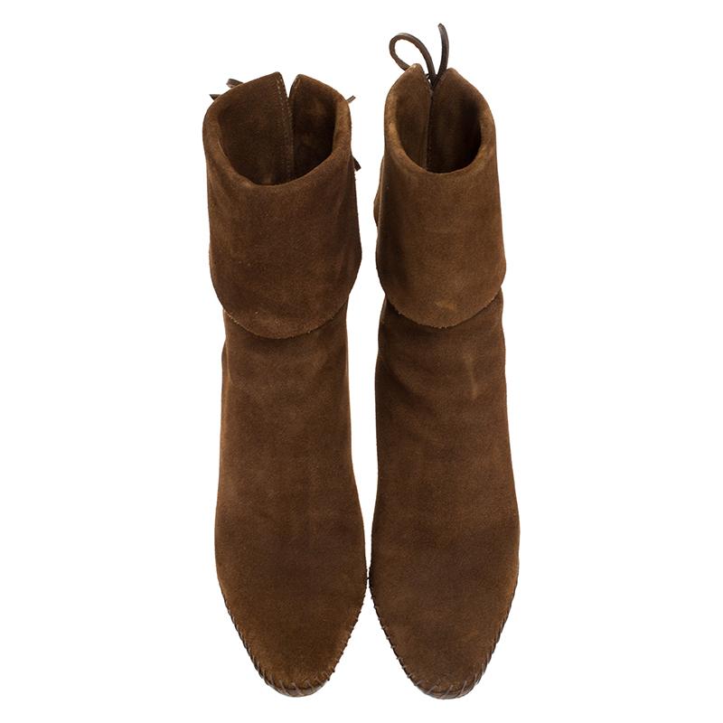 Brown Gucci Camel Suede Leather Pointed Toe Ankle Boots Size 39