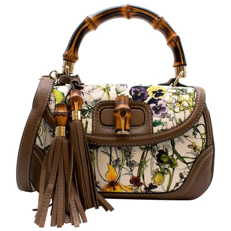 Gucci Canvas Flora Painted Bamboo Top Handle Bag 