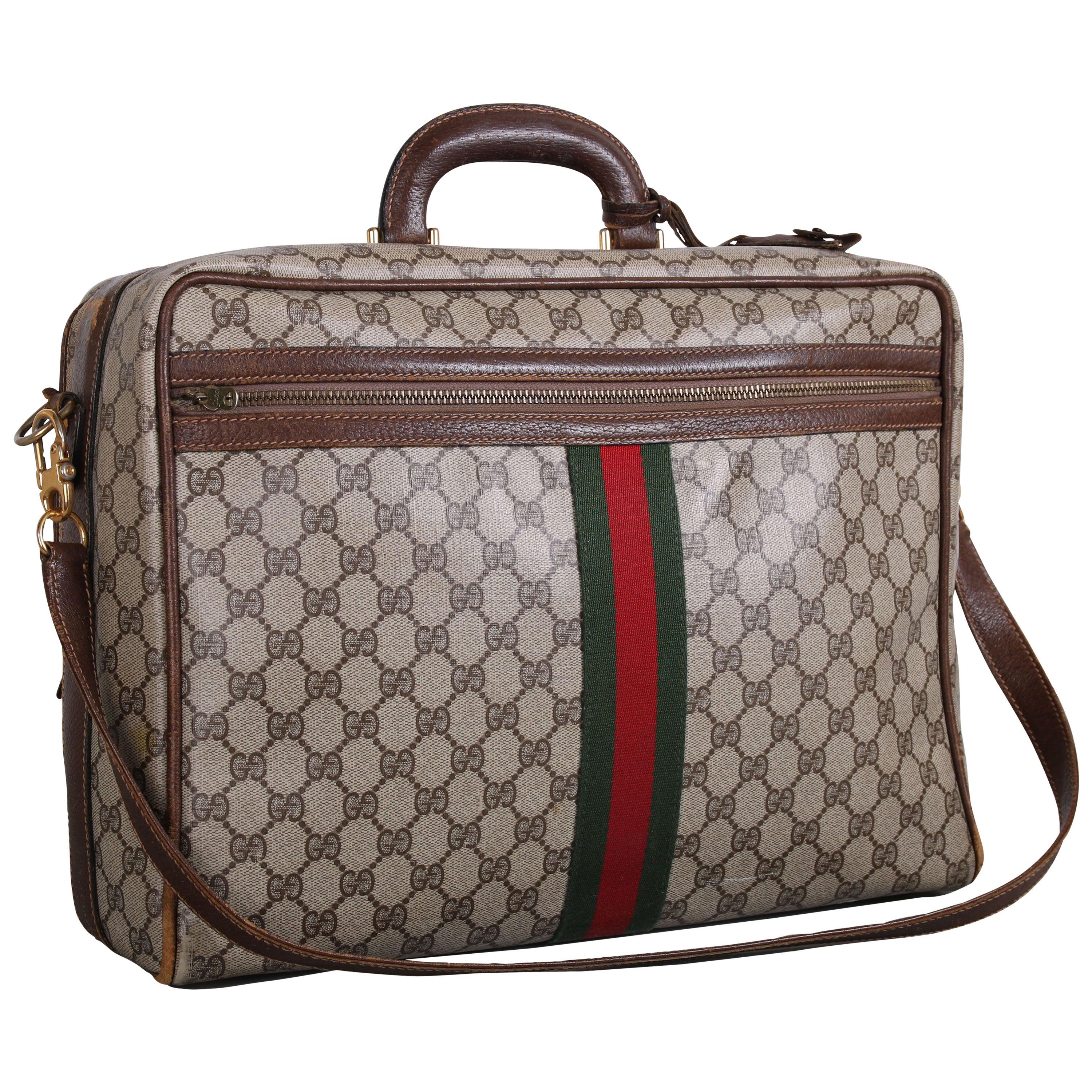 Gucci Canvas & Leather Travel Bag w/GG Diamond Web, Top Handle & Strap & 