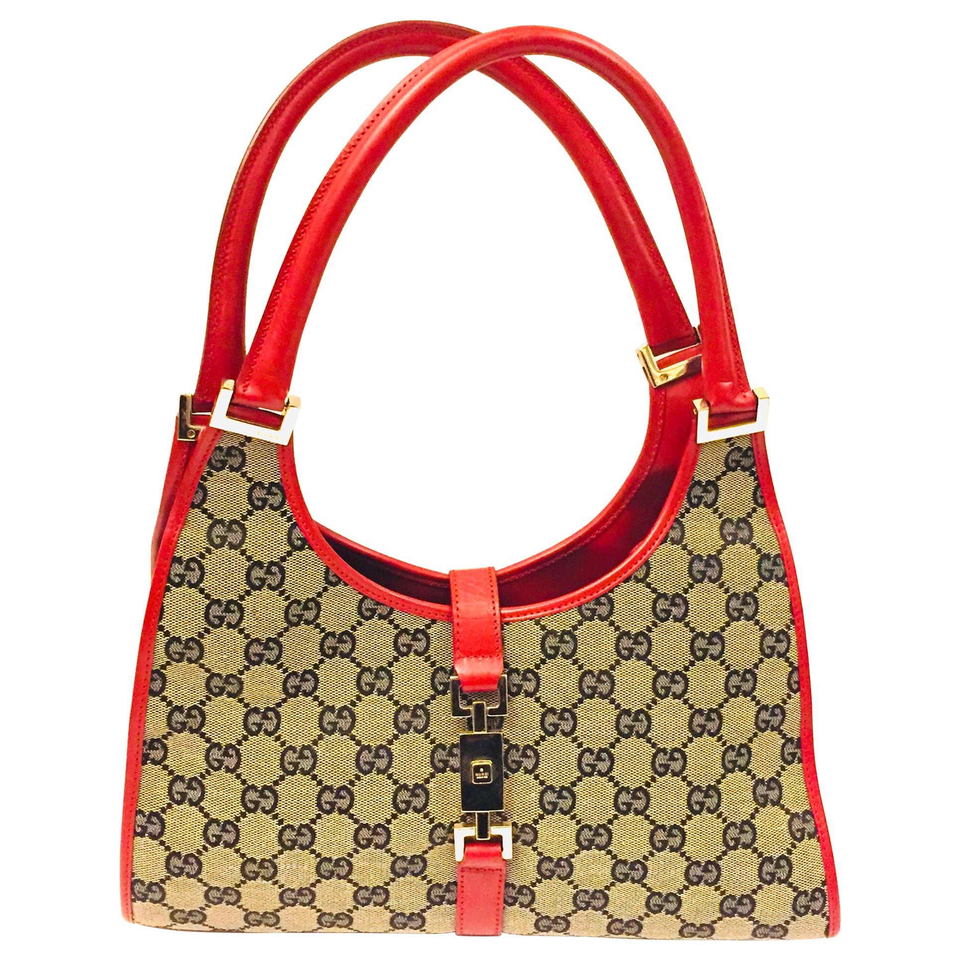 Gucci canvas monogram red piping handbag