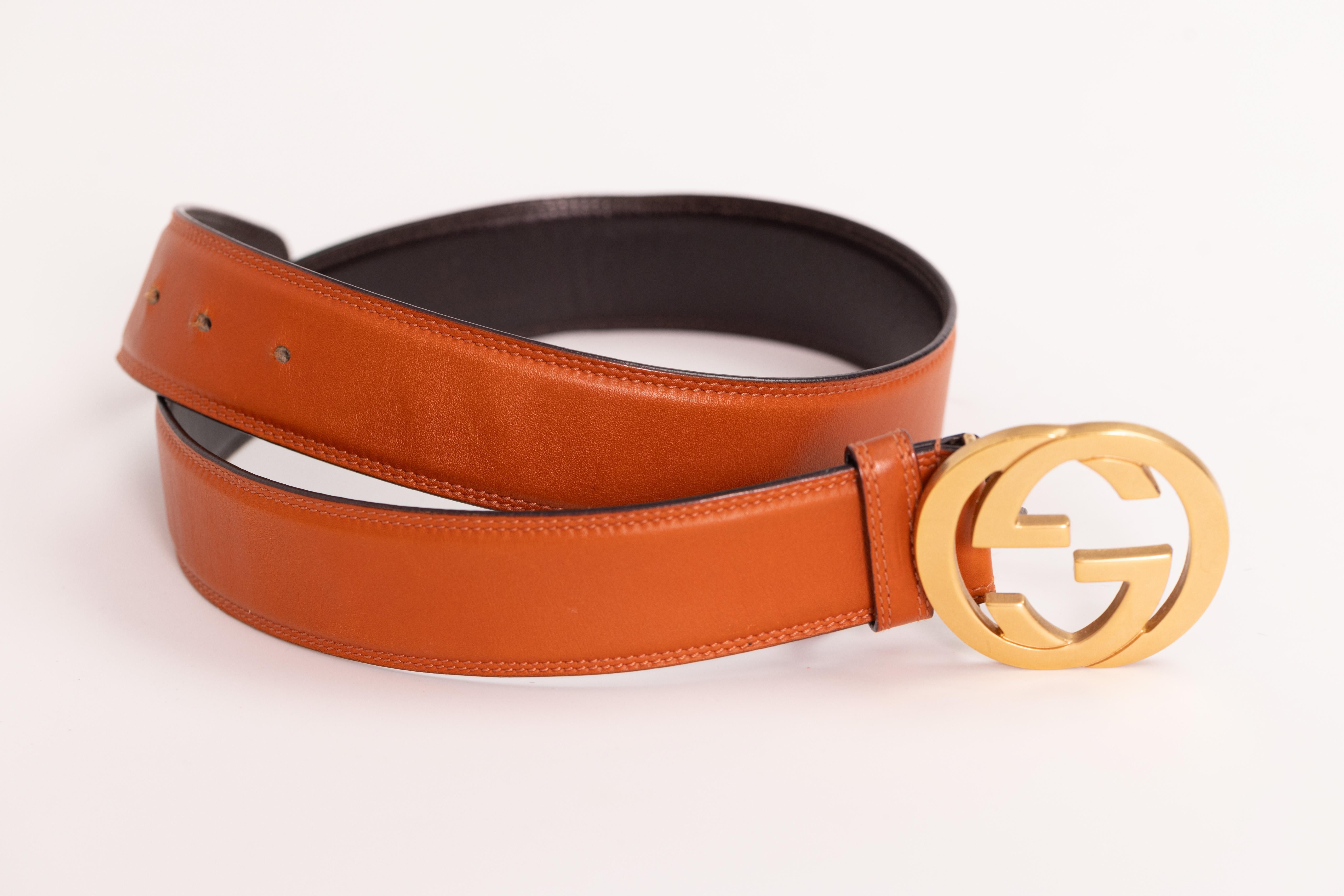 Gucci Caramel Brown Leather Blondie Interlocking GG Belt (80/32) In Good Condition For Sale In Montreal, Quebec