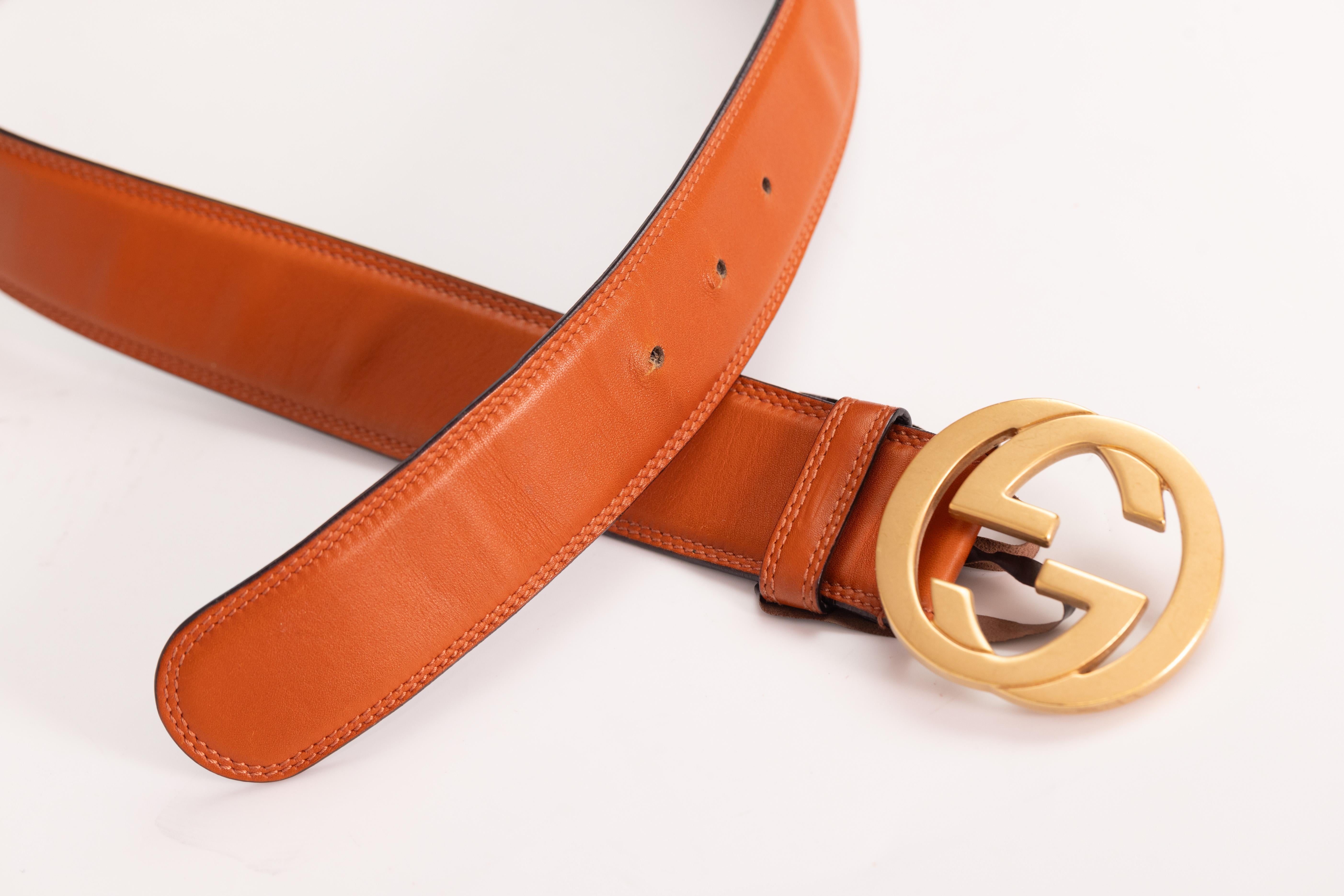 Women's or Men's Gucci Caramel Brown Leather Blondie Interlocking GG Belt (80/32) For Sale